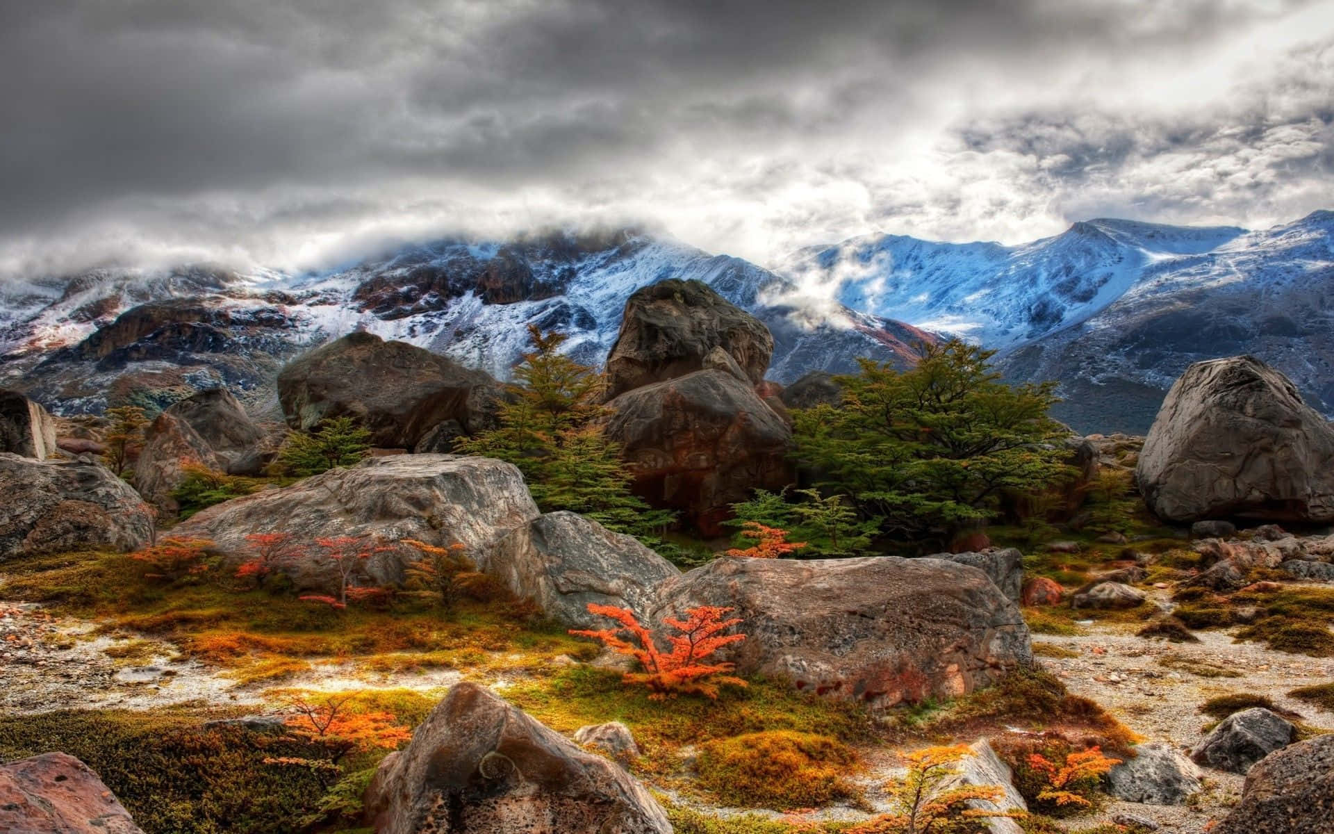 fall landscape, snow-capped peaks, vibrant orange foliage, Full HD Desktop Wallpaper