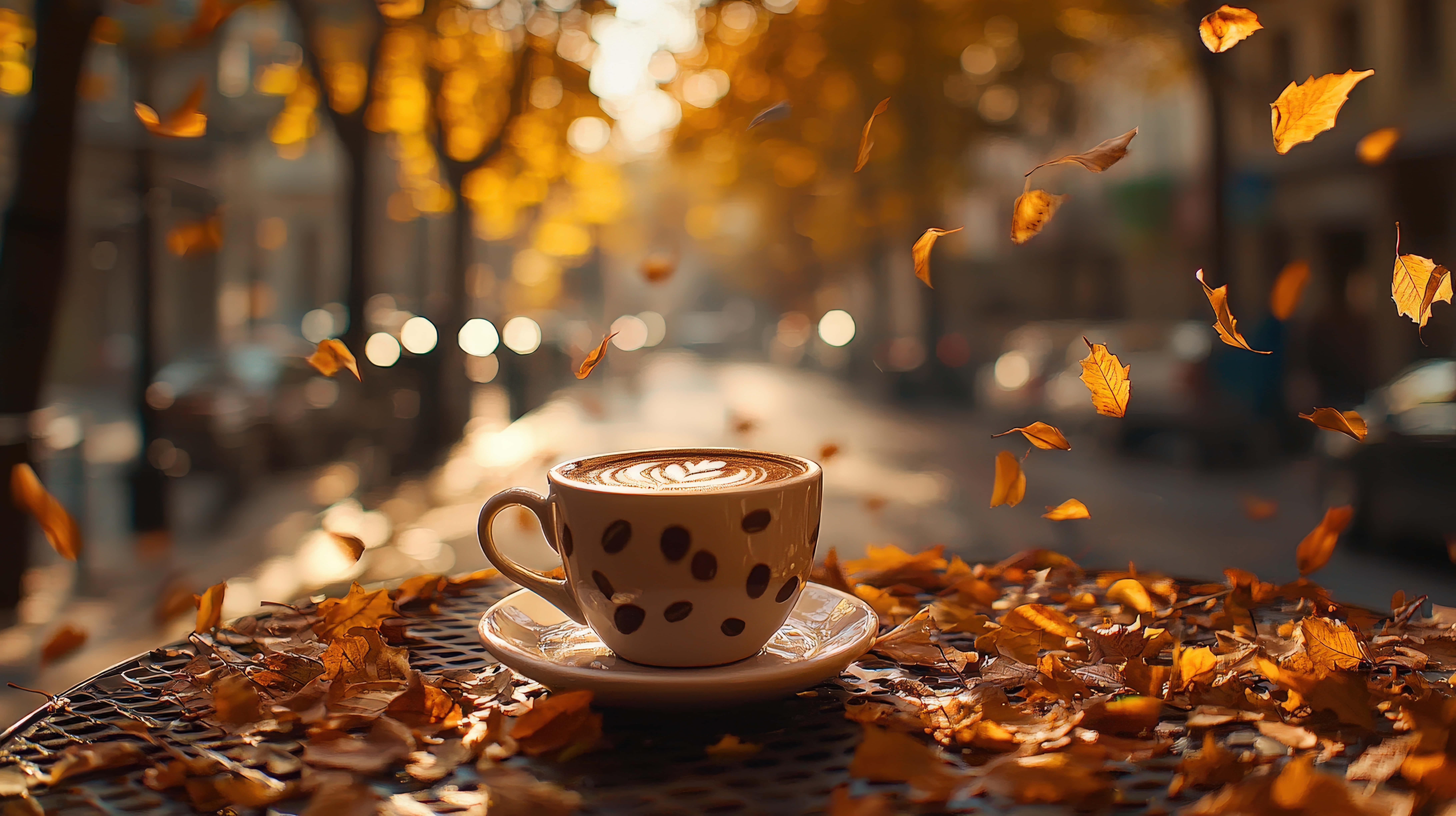cozy autumn coffee cup, latte art, falling golden leaves, 8K Desktop Wallpaper