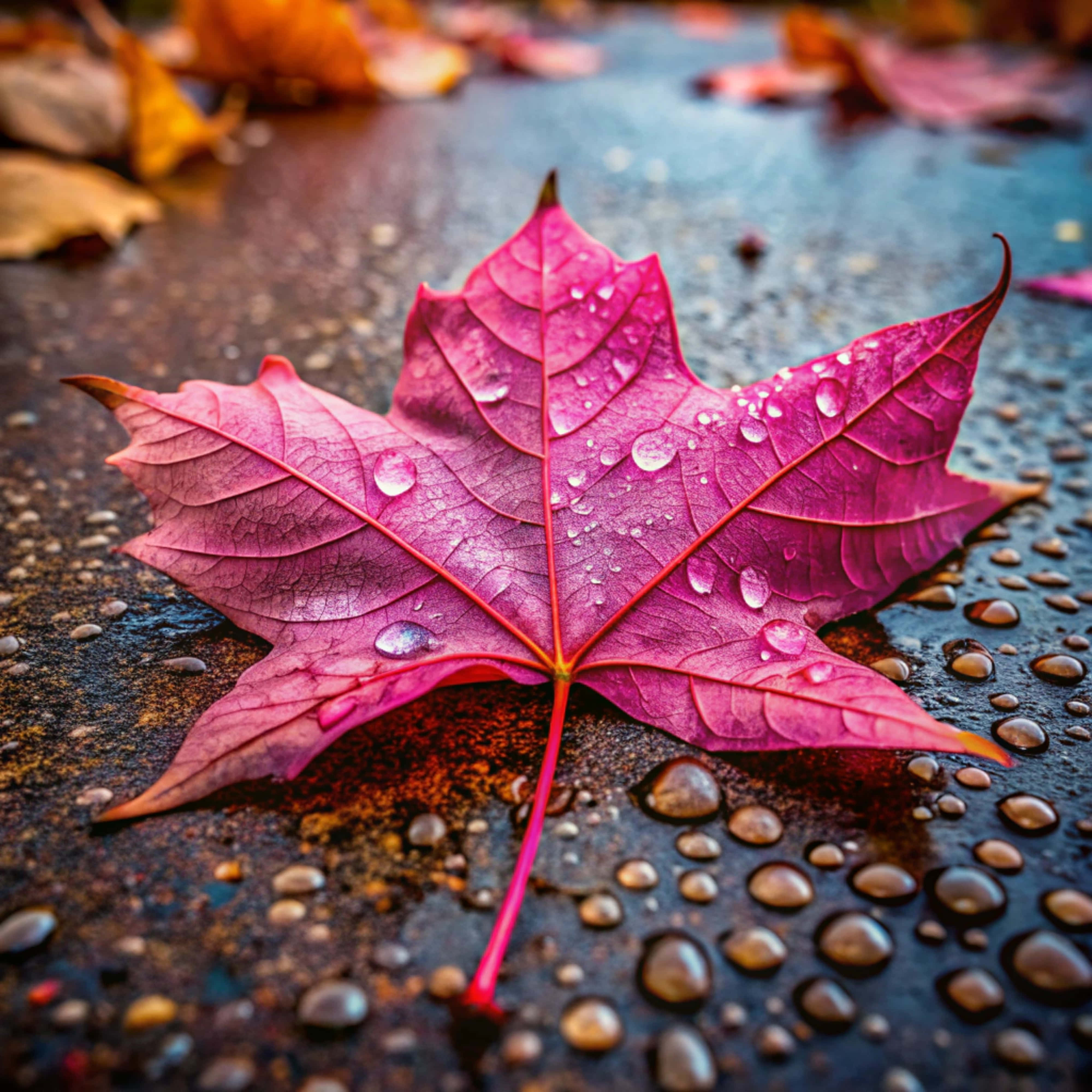pink maple leaf, dew drops, wet dark surface, 4K Desktop Wallpaper