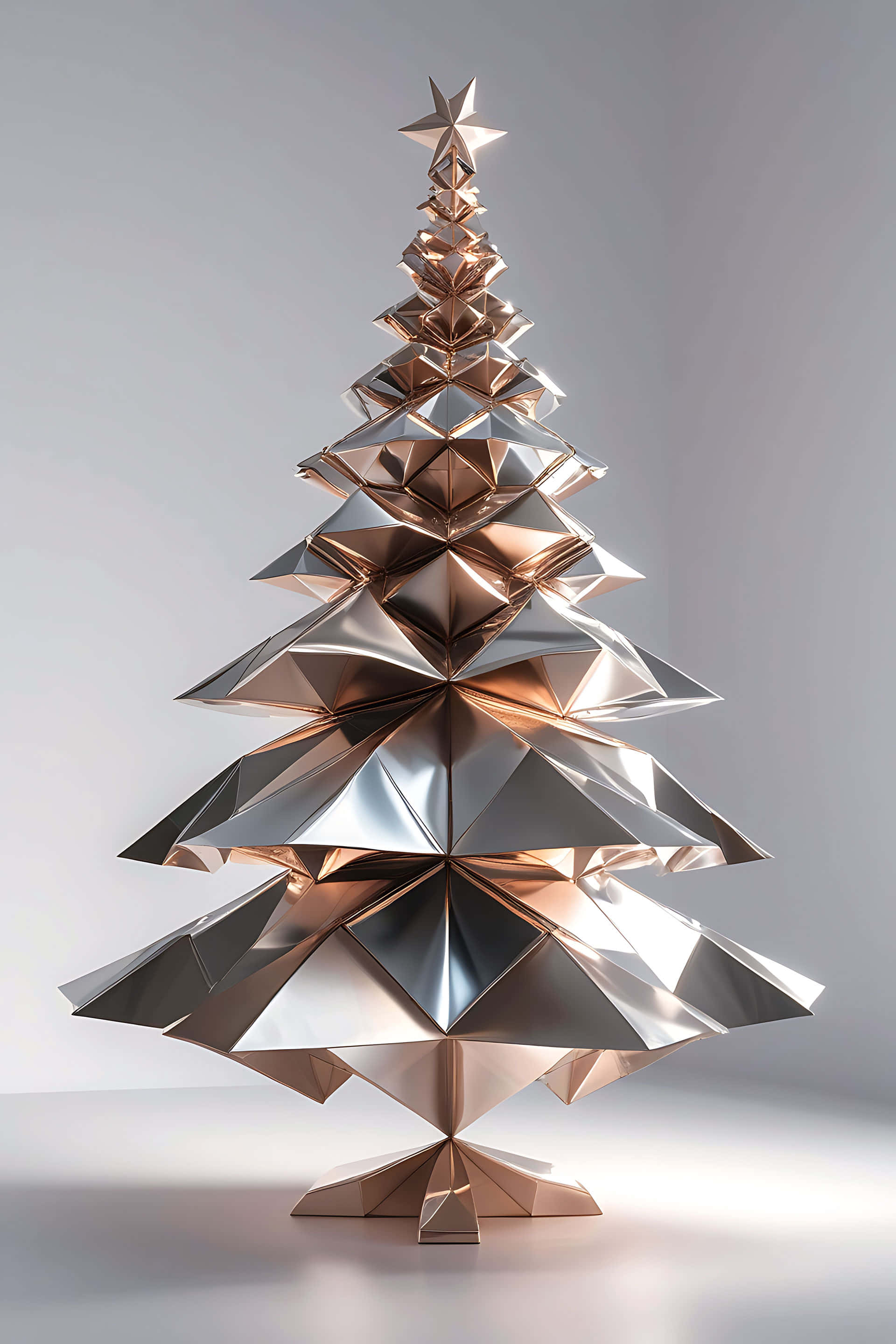 modern geometric christmas tree, reflective metallic facets, star on top, 2K Phone Wallpaper