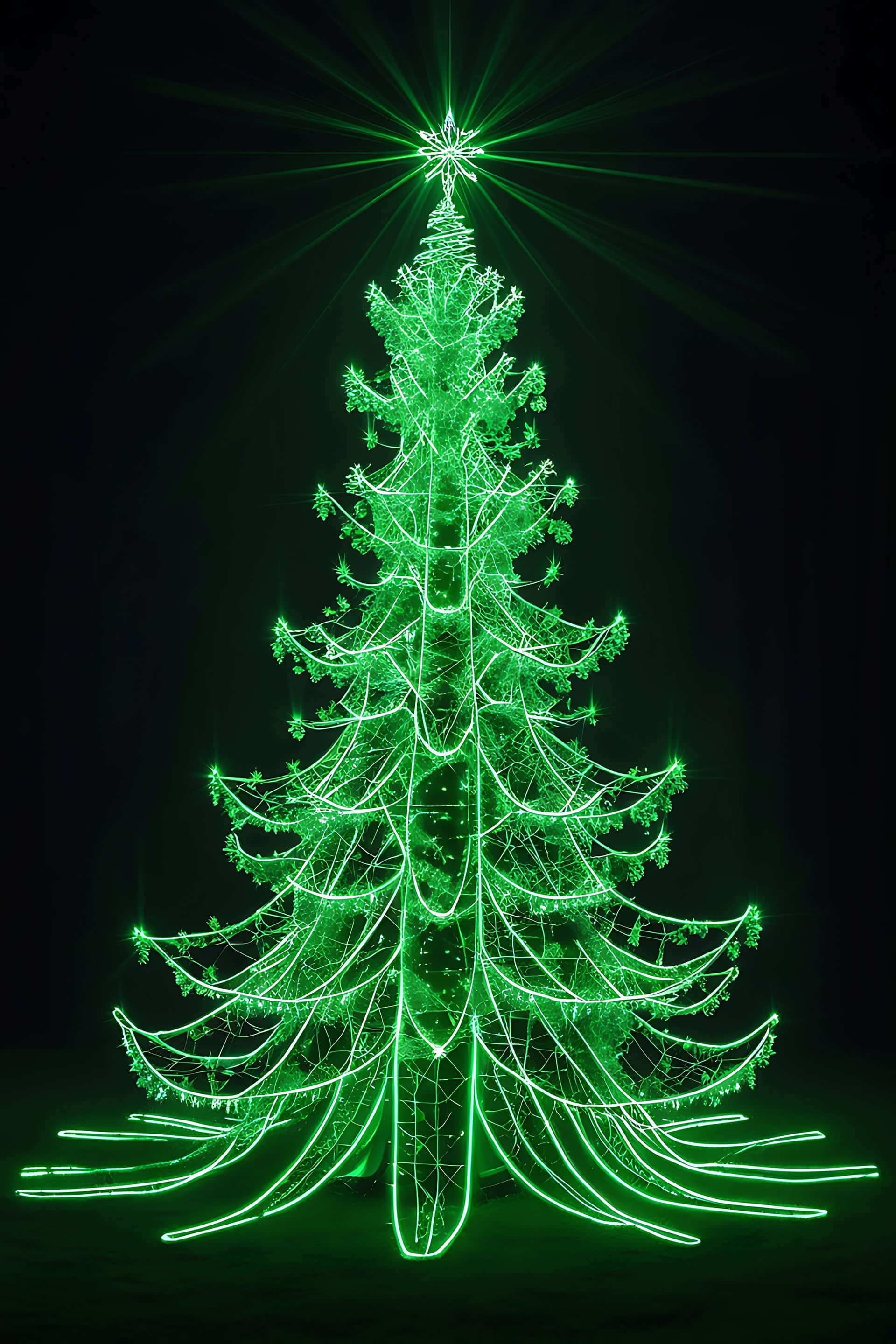 glowing green wireframe Christmas tree, starburst lights, black background, 2K Phone Wallpaper