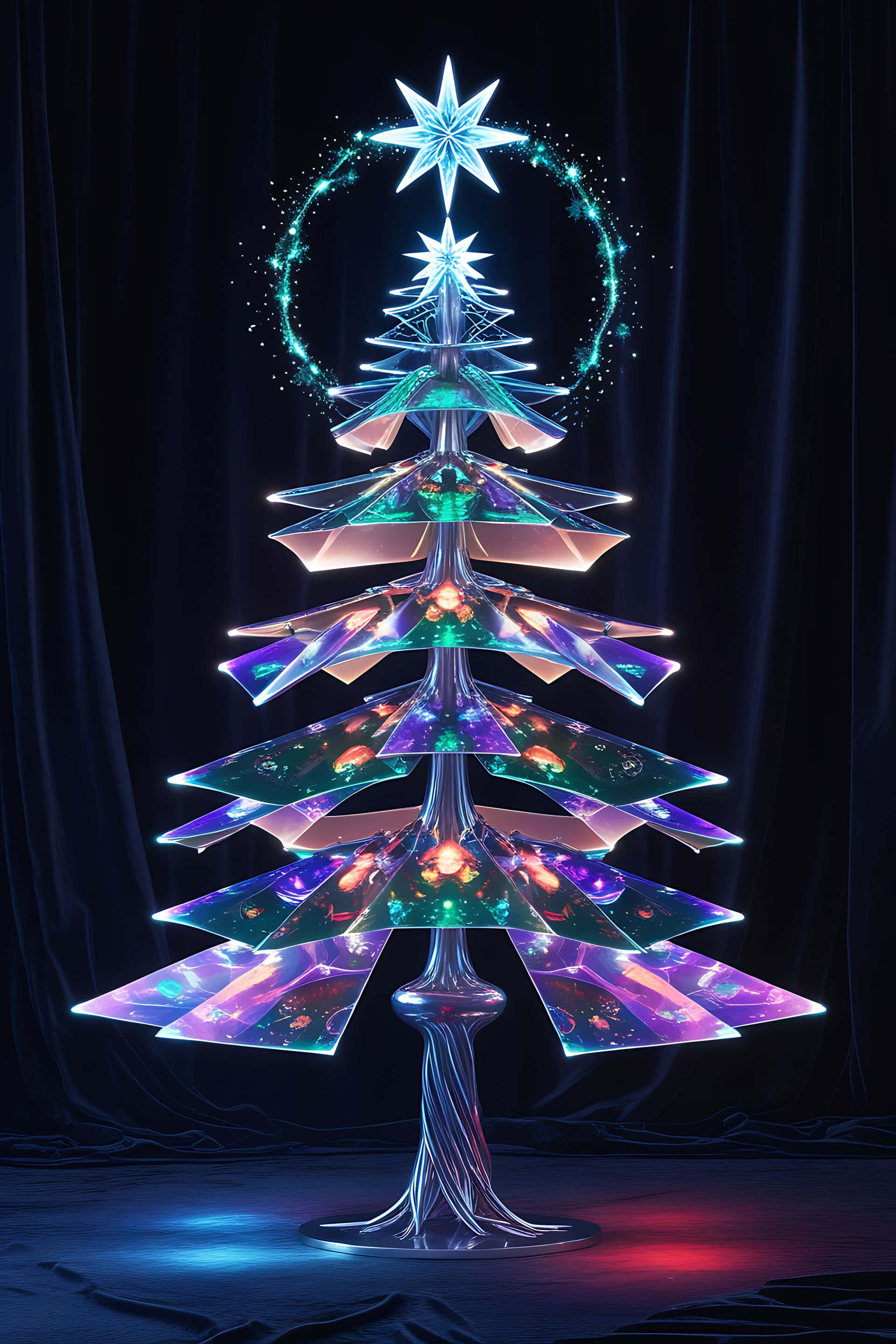 futuristic glass Christmas tree, glowing neon lights, star topper, 2K Phone Wallpaper