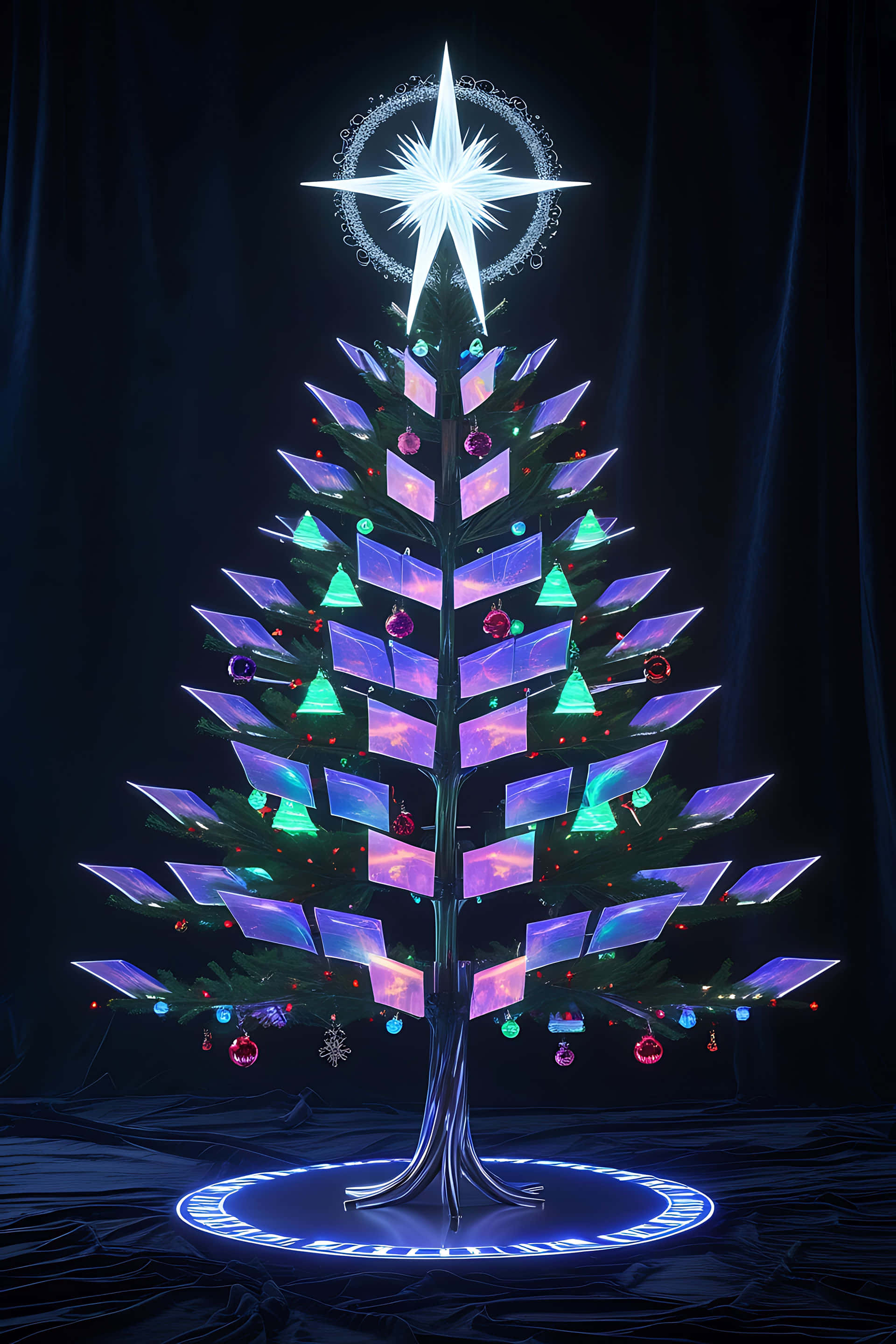 futuristic Christmas tree, glowing laptop screens, cosmic skies, 2K Phone Wallpaper