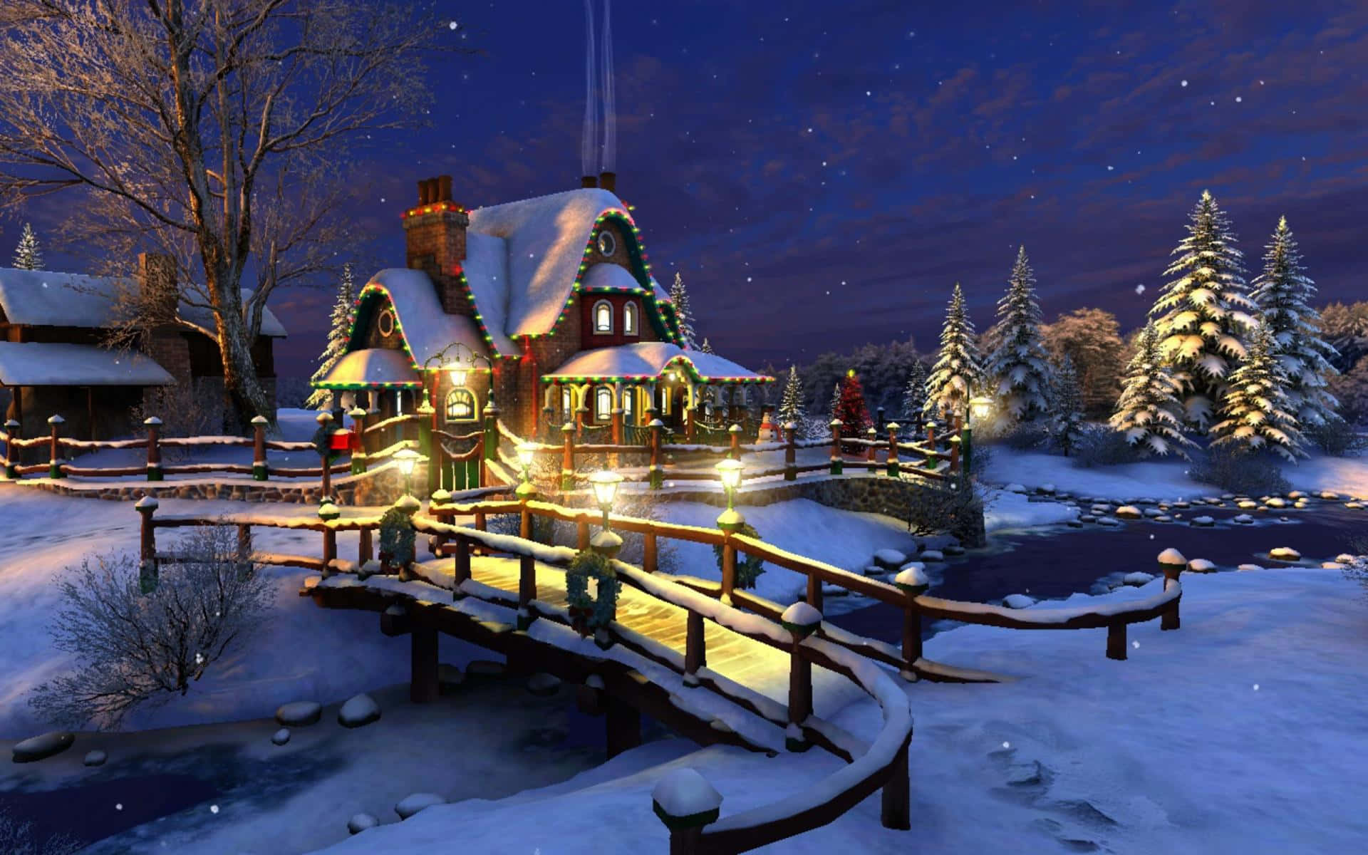 snow-covered cottage, glowing lights, starry night sky, Full HD Desktop Wallpaper