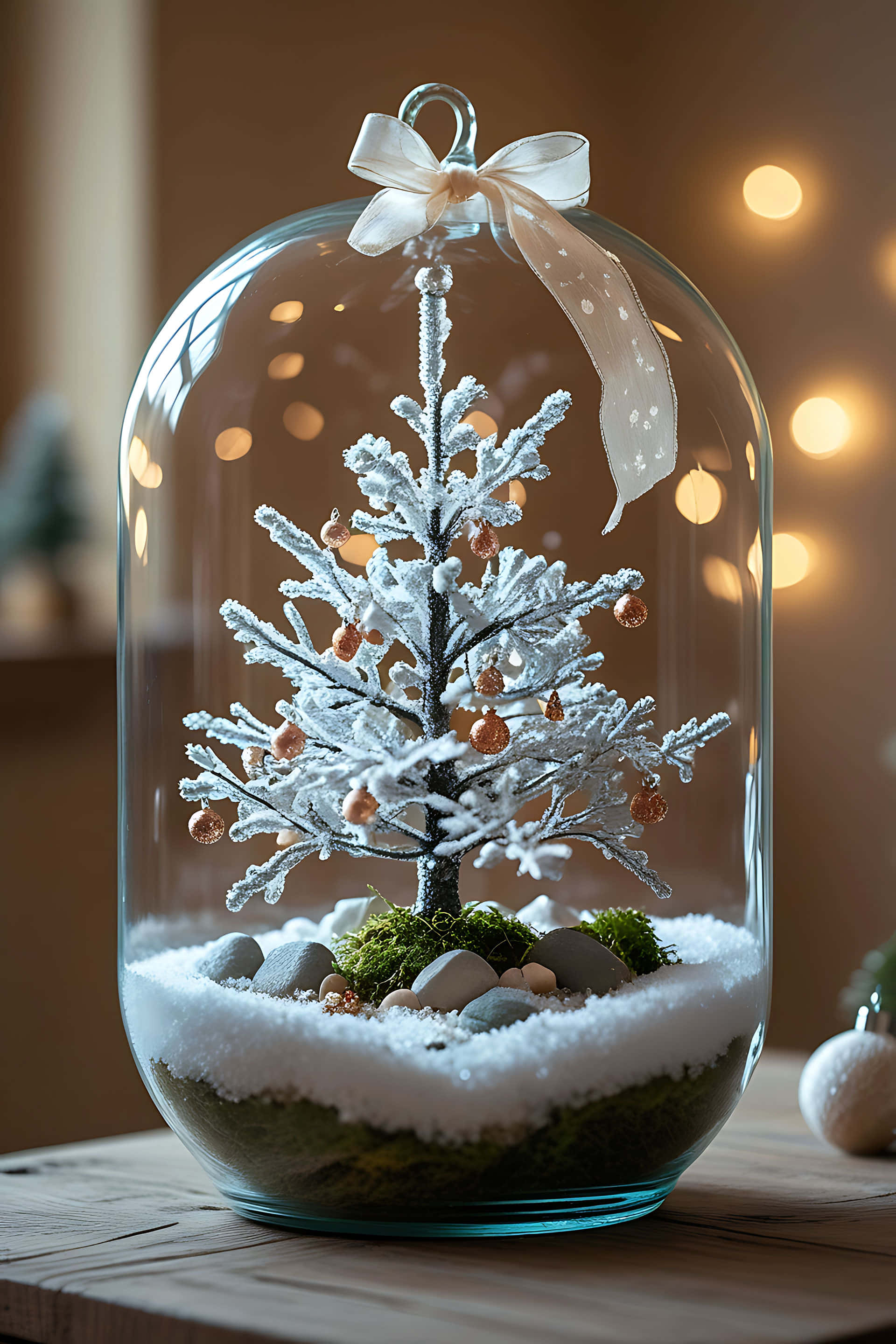 snowy christmas tree, glass dome, copper ornaments, 2K Phone Wallpaper
