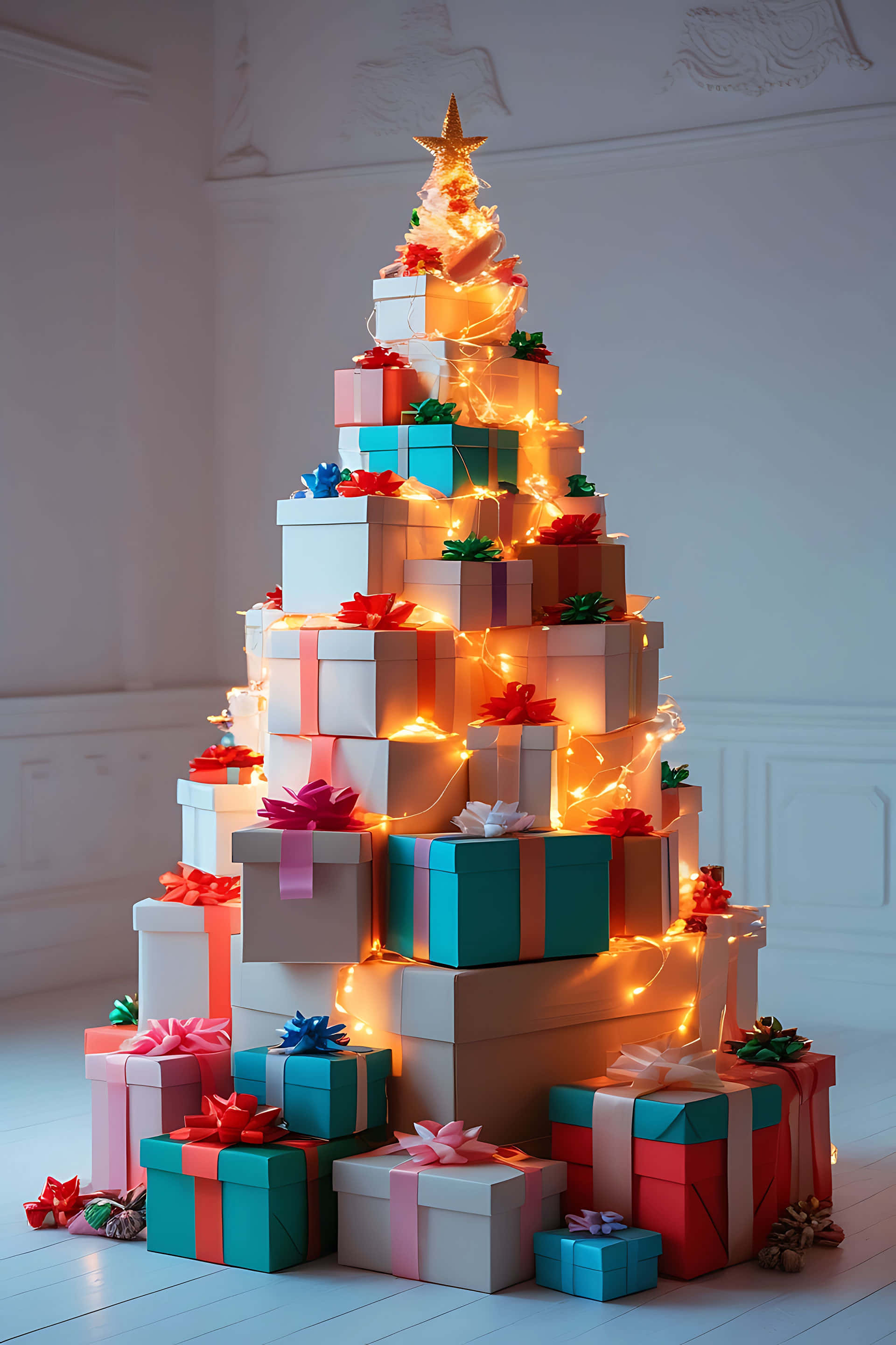 Christmas tree, colorful gift boxes, glowing fairy lights, 2K Phone Wallpaper