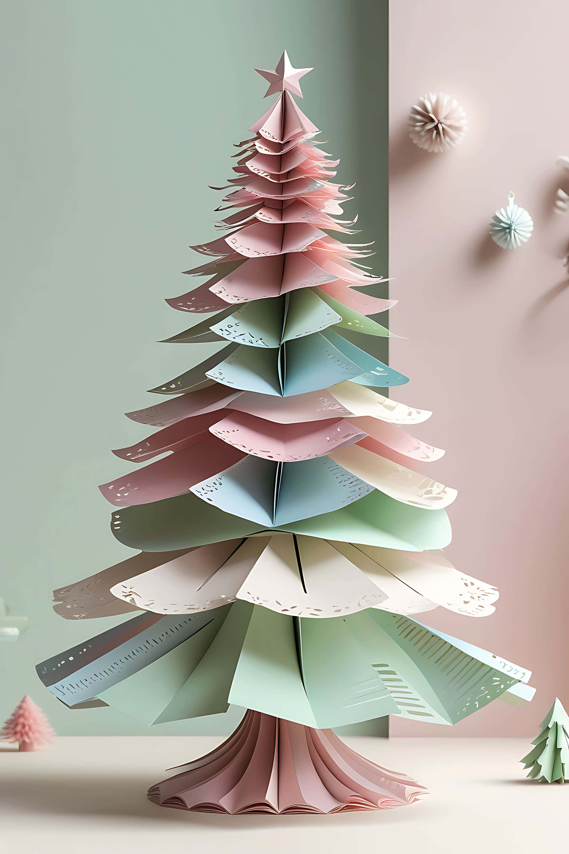 pastel paper Christmas tree, layered fringed tiers, star topper, 2K Phone Wallpaper