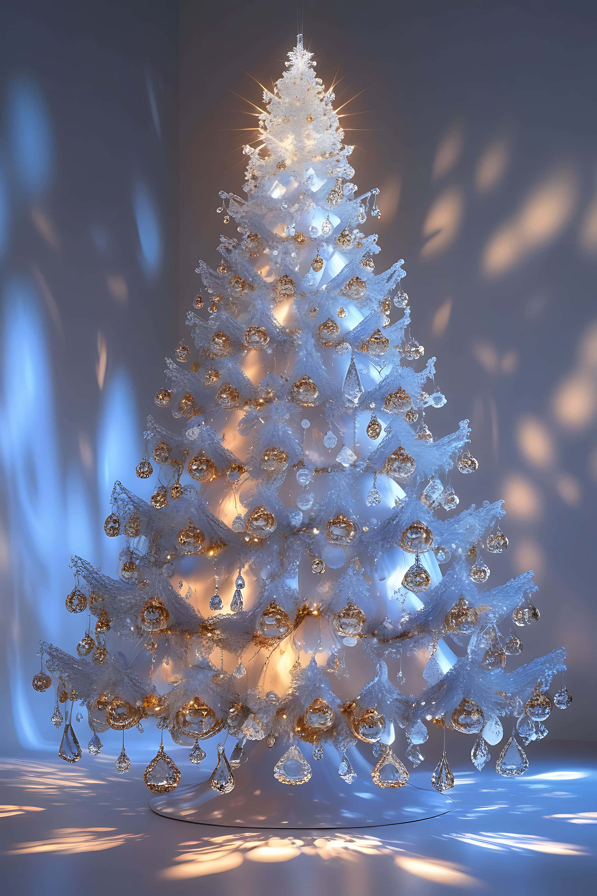 elegant white christmas tree, golden ornaments, clear ornaments, 2K Phone Wallpaper