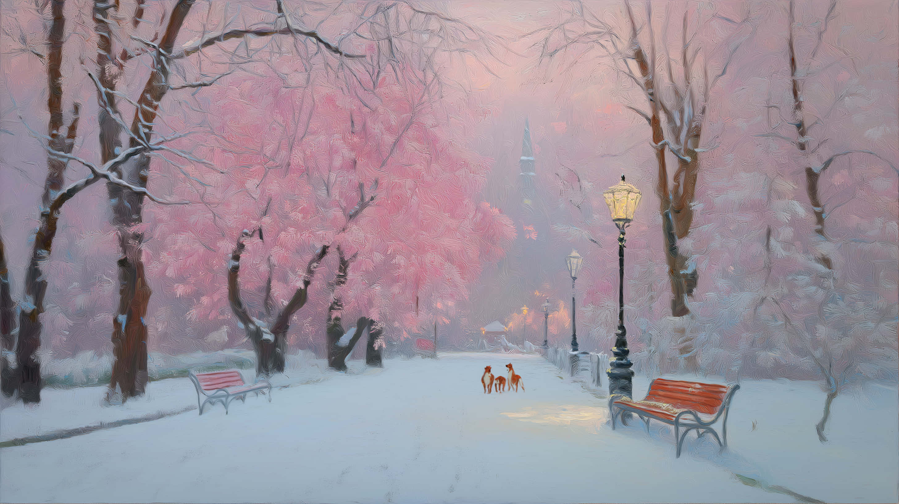 serene winter park path, snow-covered trees, pink glow, 2K Desktop Wallpaper