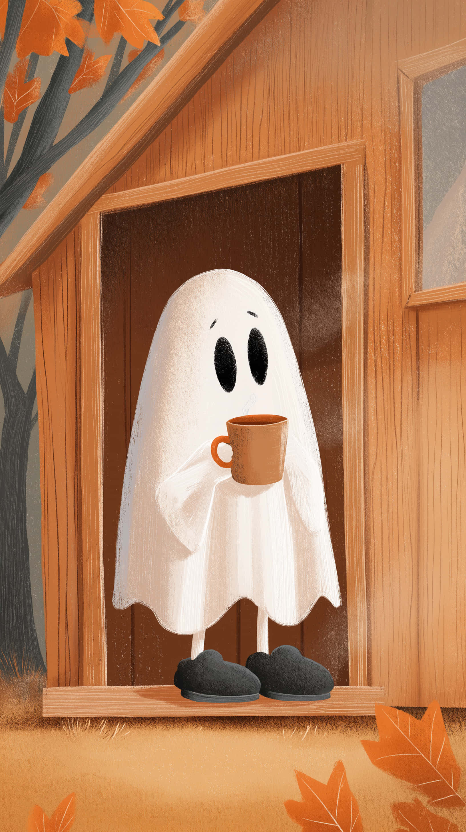 autumn cabin, cartoon ghost, white sheet, 2K Phone Wallpaper