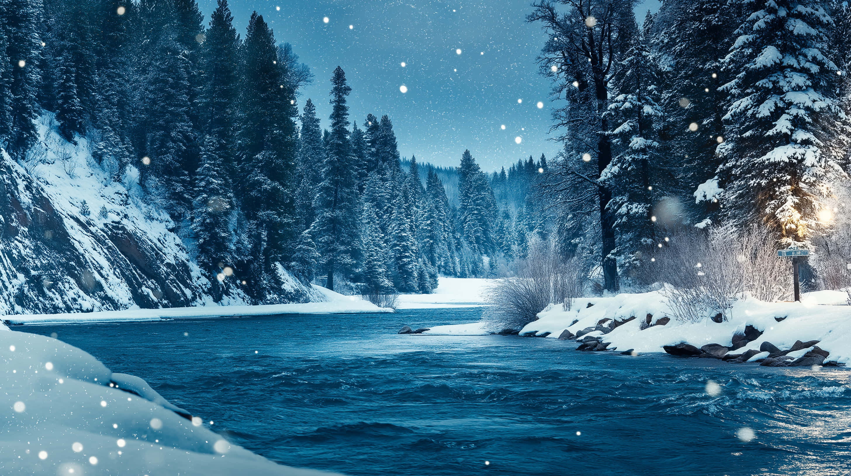 winter river, snow-covered forest, falling snow, 2K Desktop Wallpaper