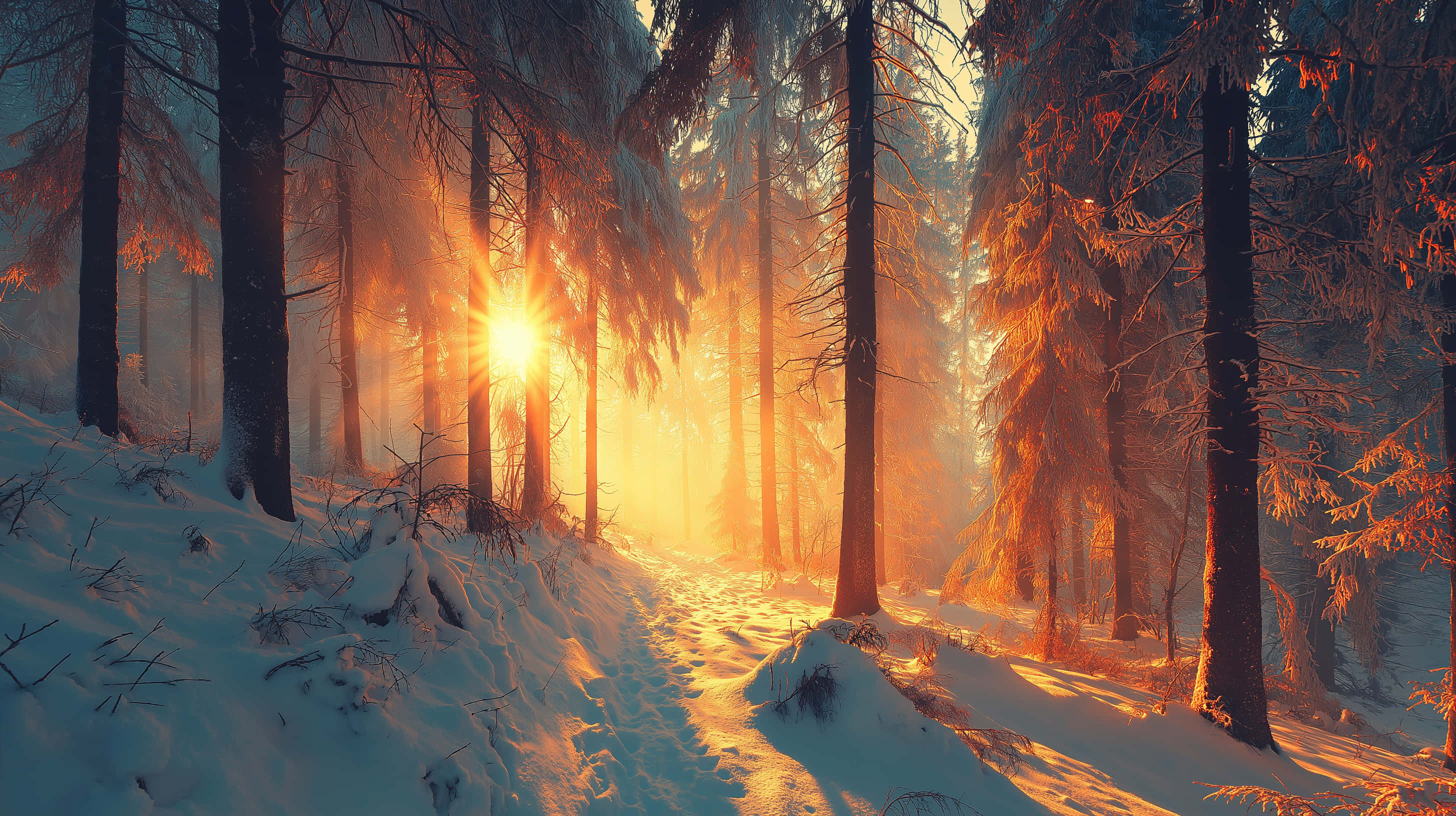 golden sunrise, pristine winter forest, snow-dusted pine trees, 2K Desktop Wallpaper