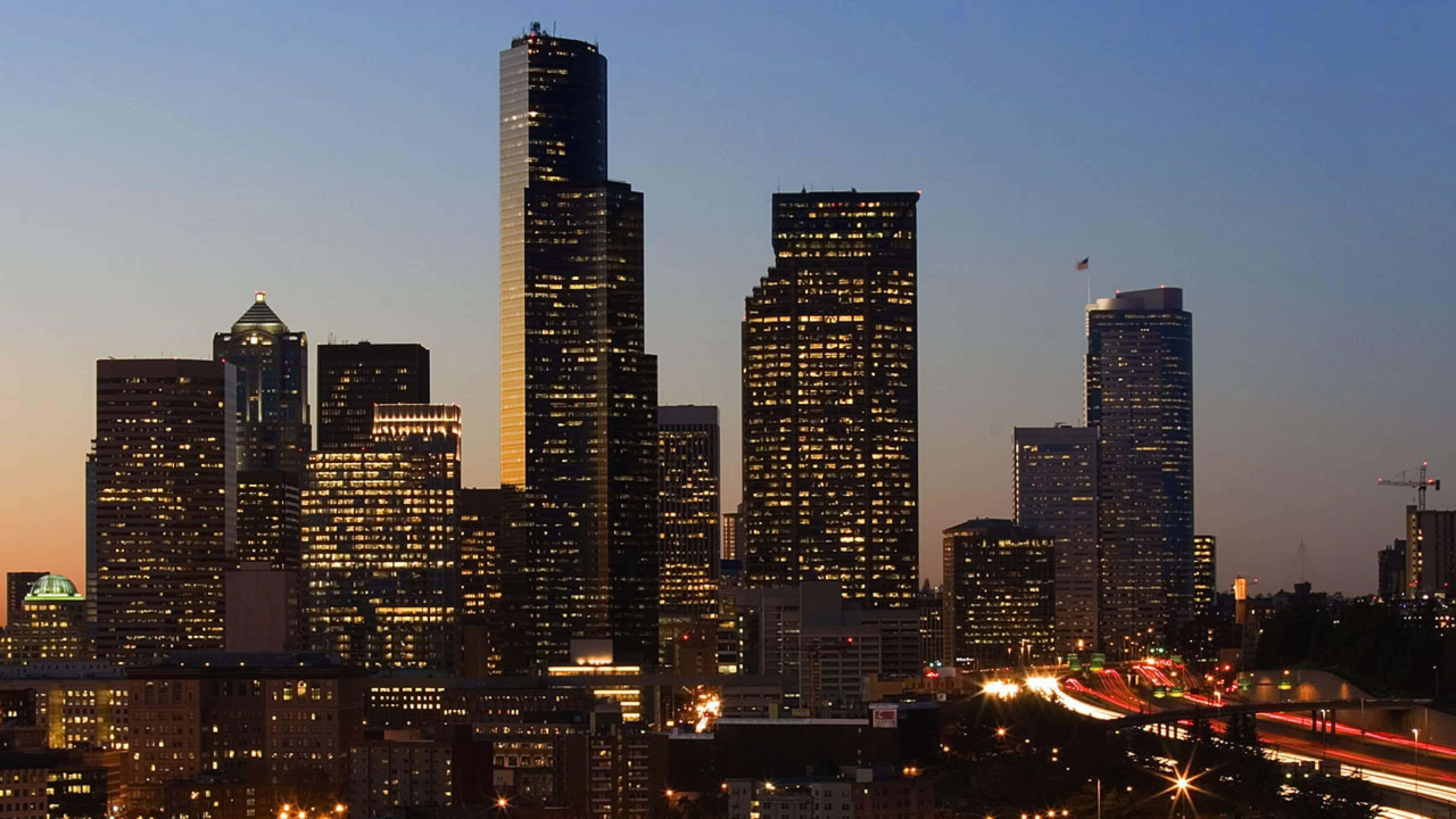 Seattle skyline, dusk, illuminated skyscrapers, 4K Desktop Wallpaper