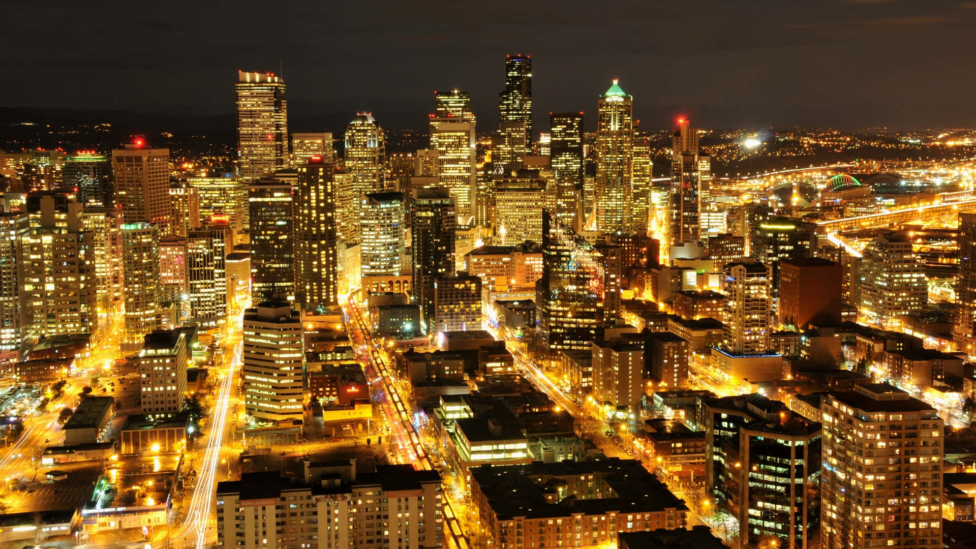 Seattle, night skyline, aerial view, Full HD Desktop Wallpaper
