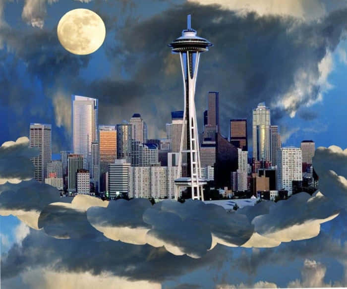 Seattle skyline, full moon, glowing, SD Desktop Wallpaper