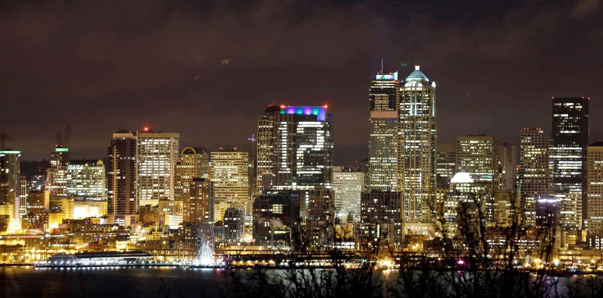 Seattle, 12th Man Lights Display, nighttime cityscape, Full HD Desktop Wallpaper