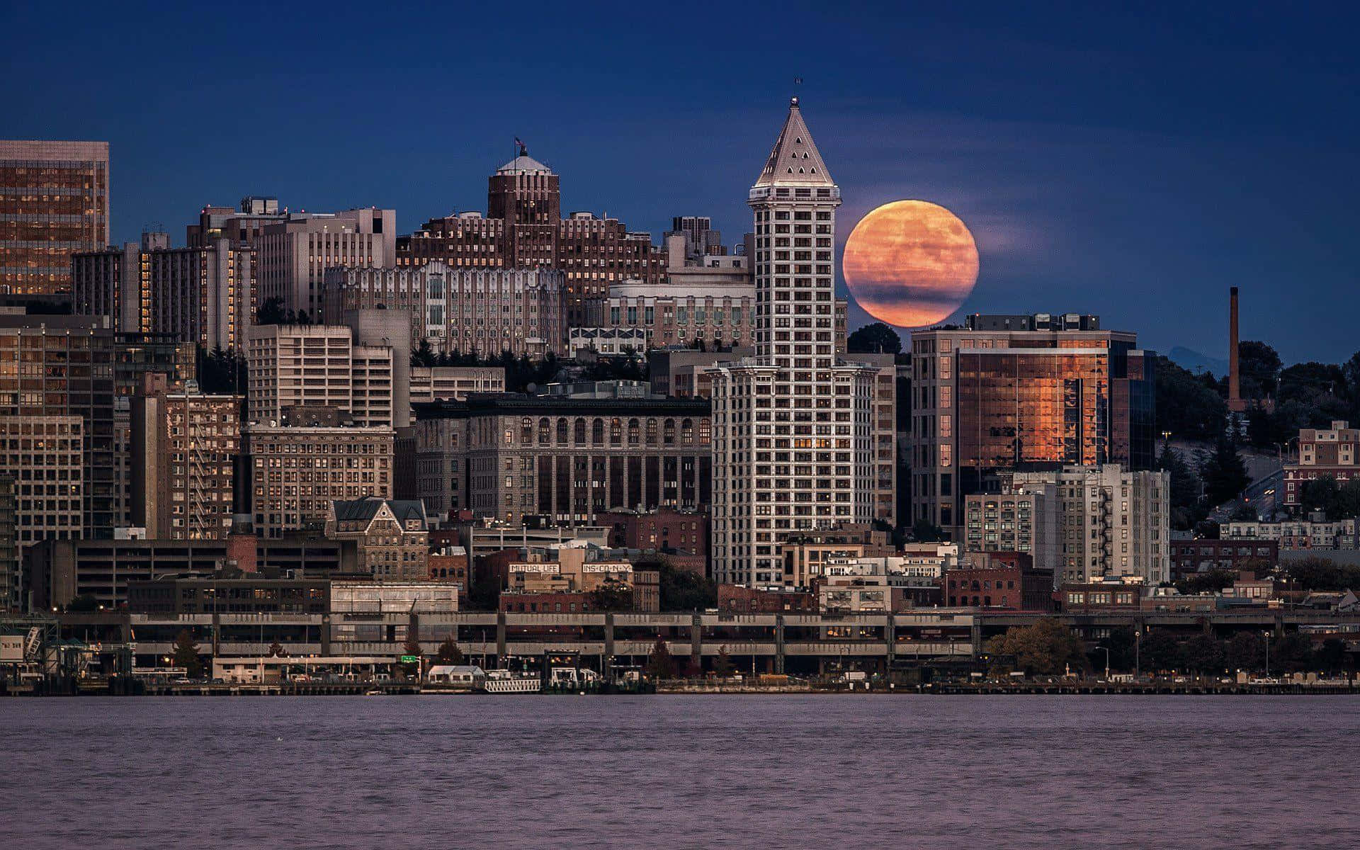 Seattle, full moon, orange moon, Full HD Desktop Wallpaper