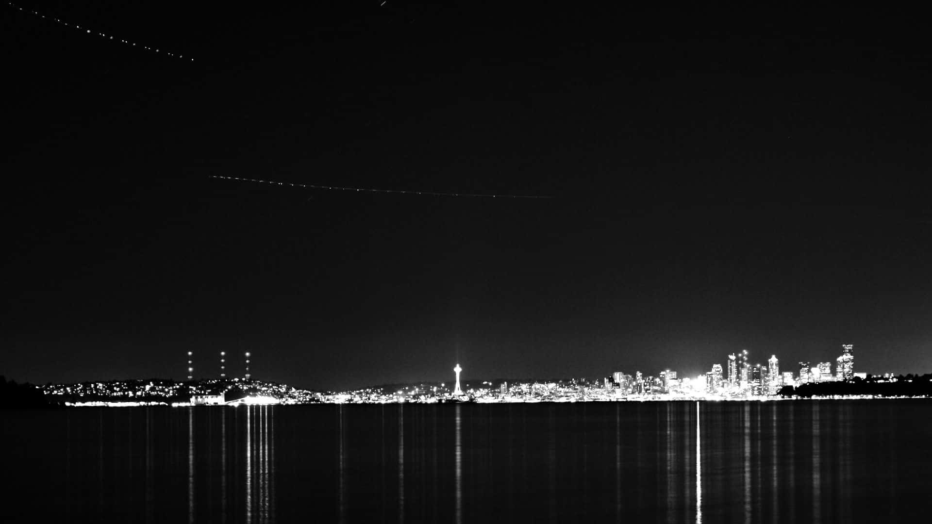 Seattle Skyline, black and white, night view, Full HD Desktop Wallpaper