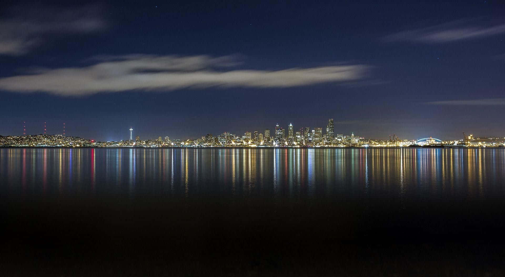 Seattle skyline, dusk, calm water, Full HD Desktop Wallpaper
