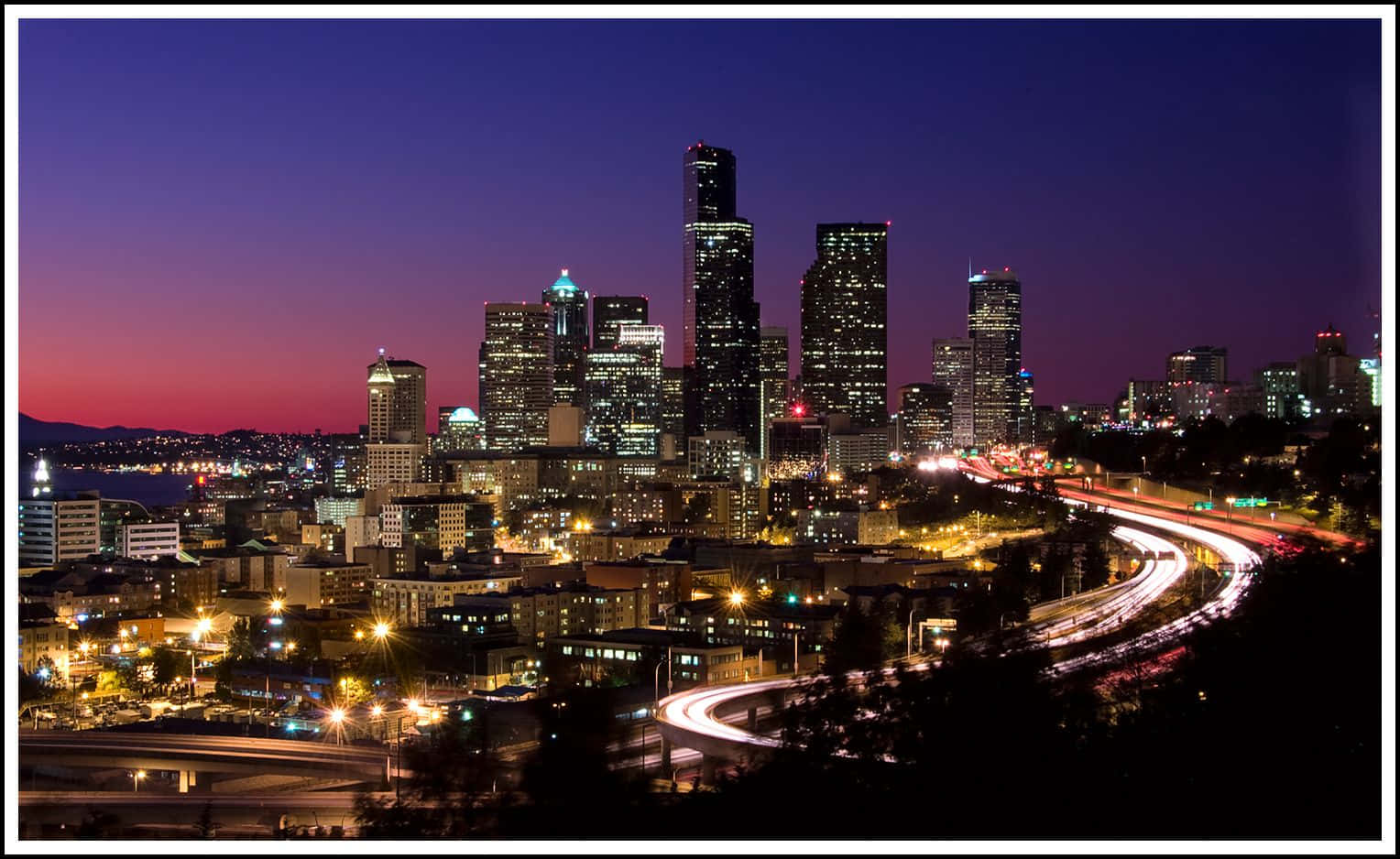 Seattle HD, twilight, glowing skyscrapers, HD Desktop Wallpaper