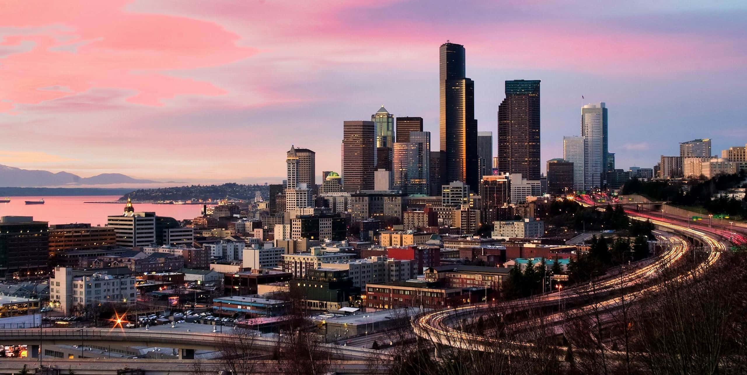 Seattle, dusk, pink clouds, 2K Desktop Wallpaper