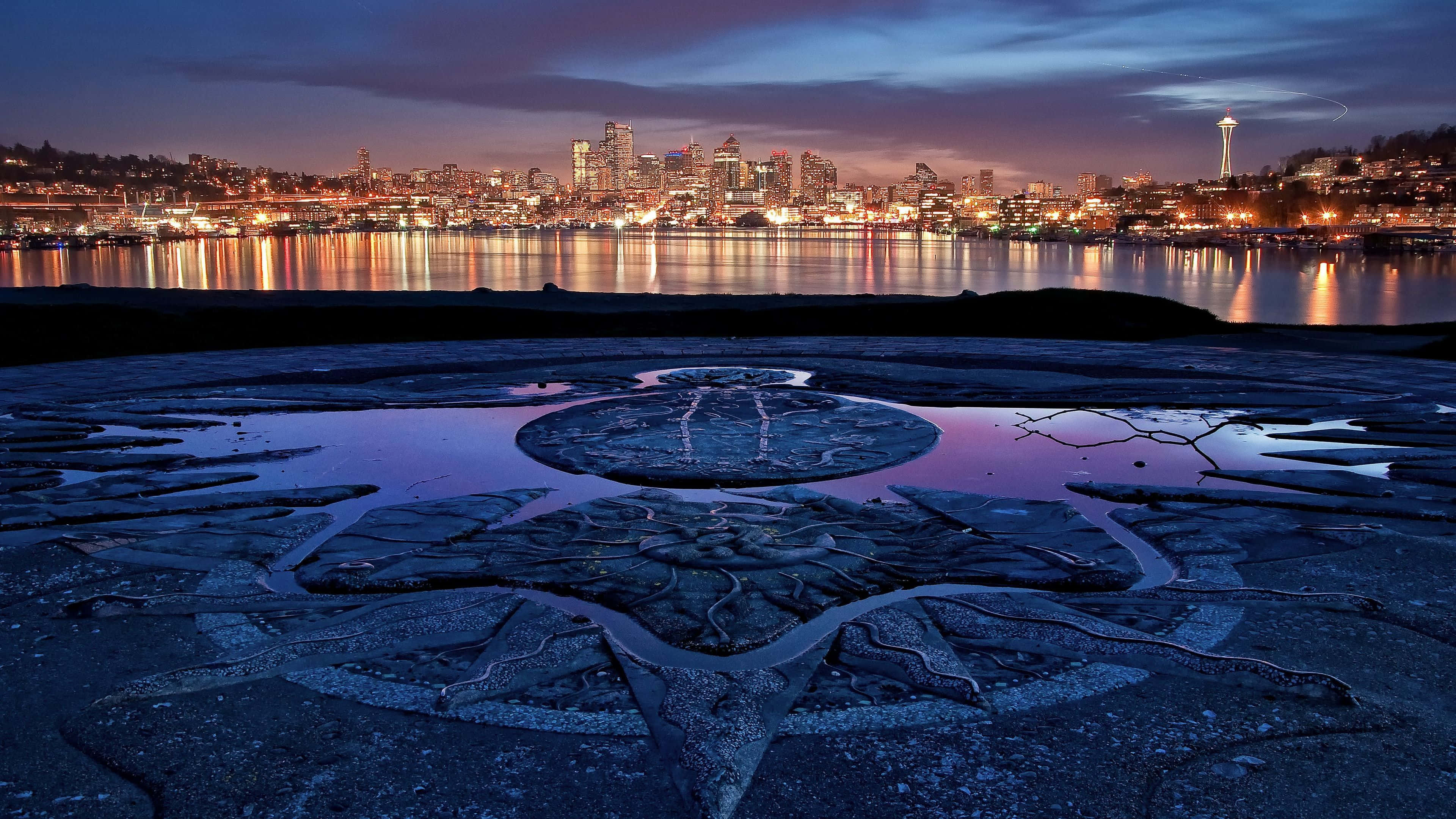 Seattle, skyline, glowing, 4K Desktop Wallpaper