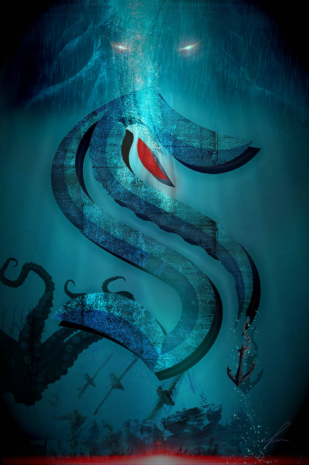 Seattle Kraken, blue sea serpent, glowing red eyes, HD Phone Wallpaper