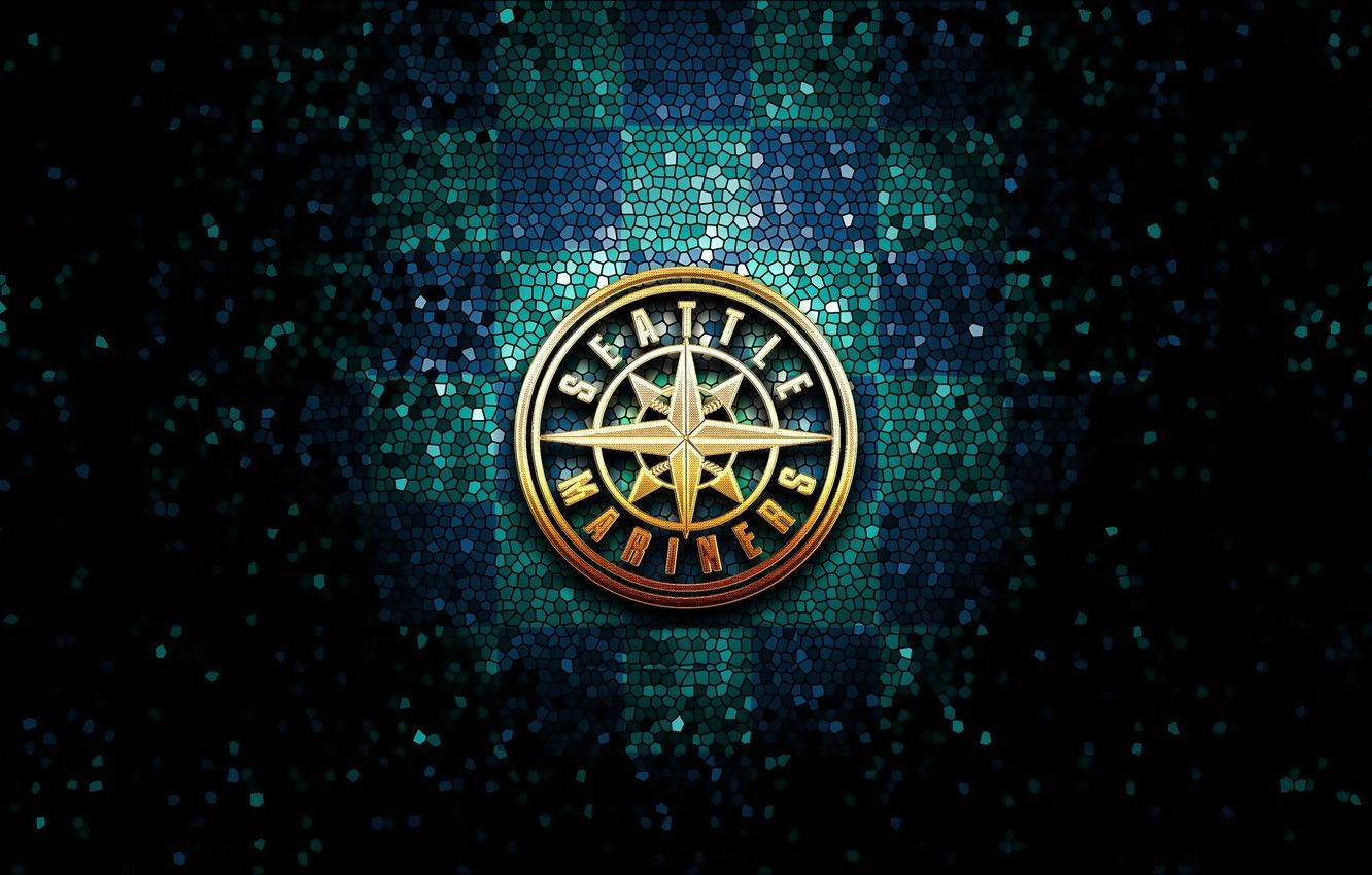 Seattle Mariners, gold logo, teal mosaic background, HD Desktop Wallpaper