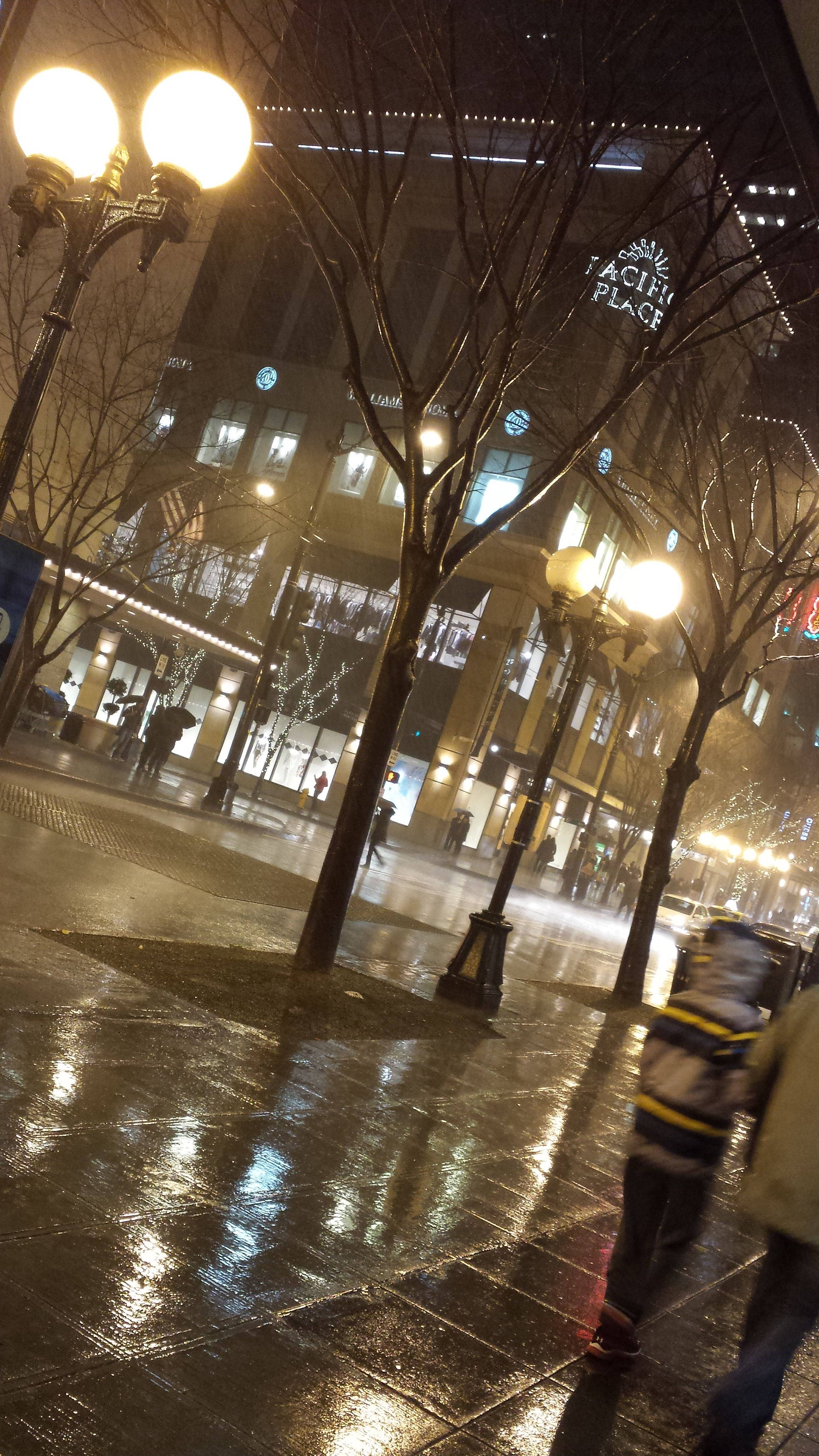 Seattle, rain-slicked city sidewalk, night, 4K Phone Wallpaper