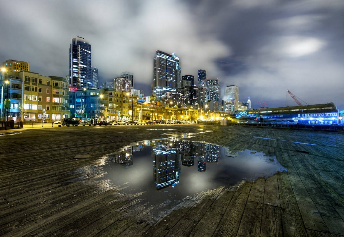 Seattle Rain, rain-slicked wooden pier, night, SD Desktop Wallpaper