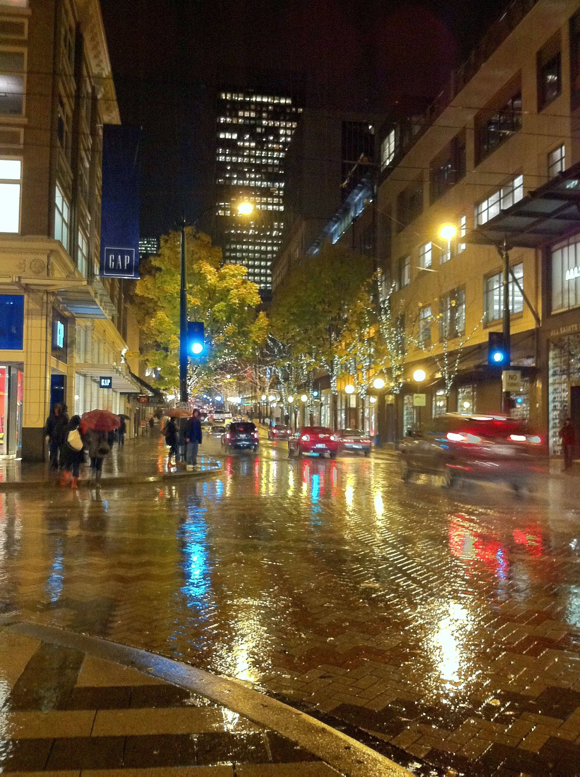Seattle Rain, night streets, rain-slicked city street, 2K Phone Wallpaper