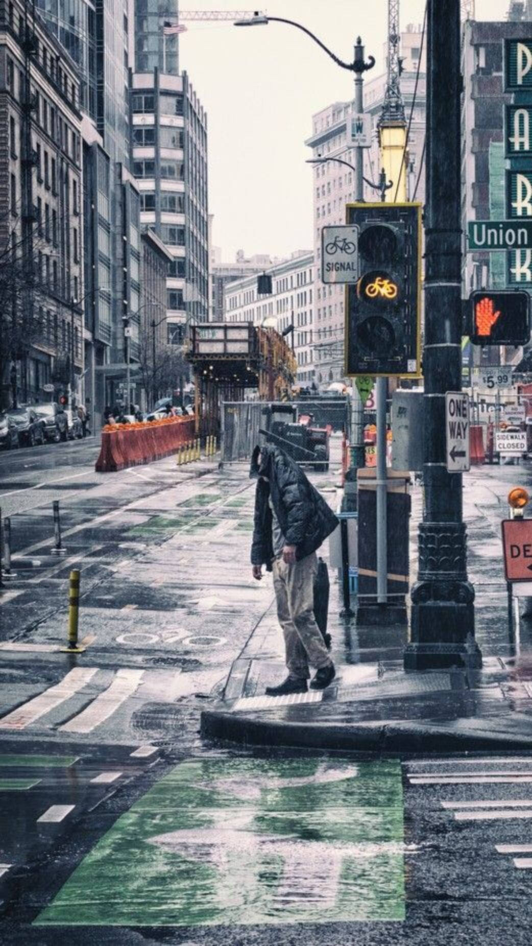 Seattle, rain, wet city street, HD Phone Wallpaper