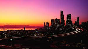 purple sunset, Seattle Skyline, orange and purple sky, SD Desktop Wallpaper
