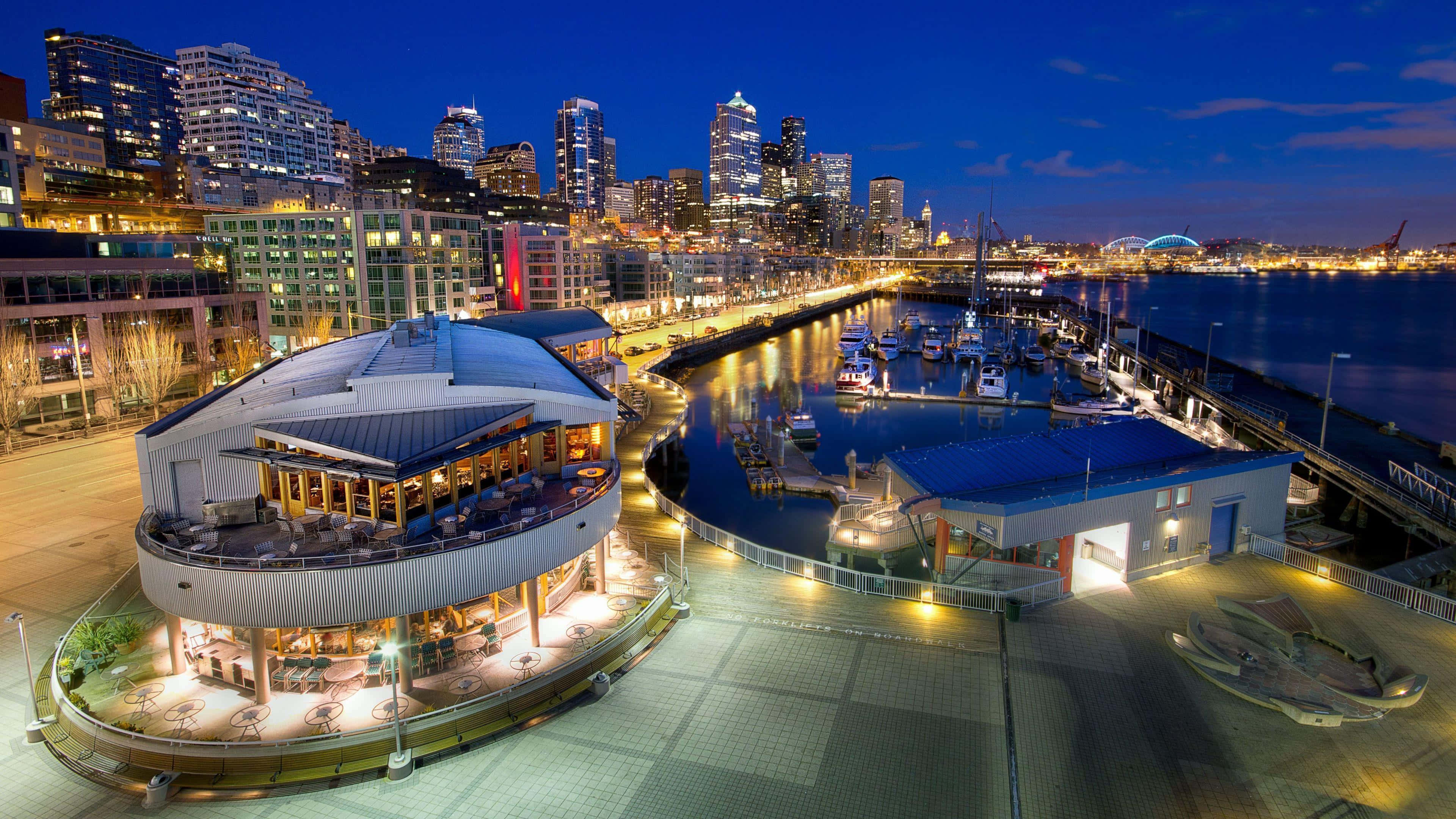 Seattle, night, waterfront, 4K Desktop Wallpaper
