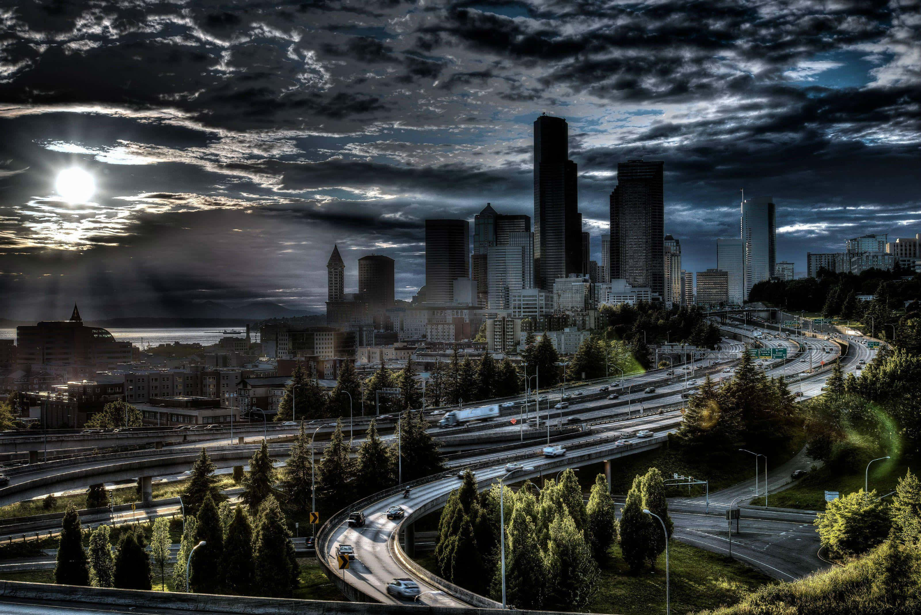 Seattle, night, dramatic cityscape, 2K Desktop Wallpaper