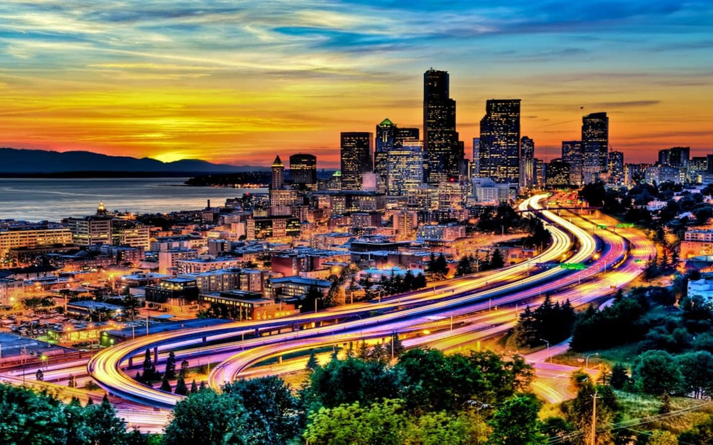Seattle Washington, city skyline, sunset, HD Desktop Wallpaper