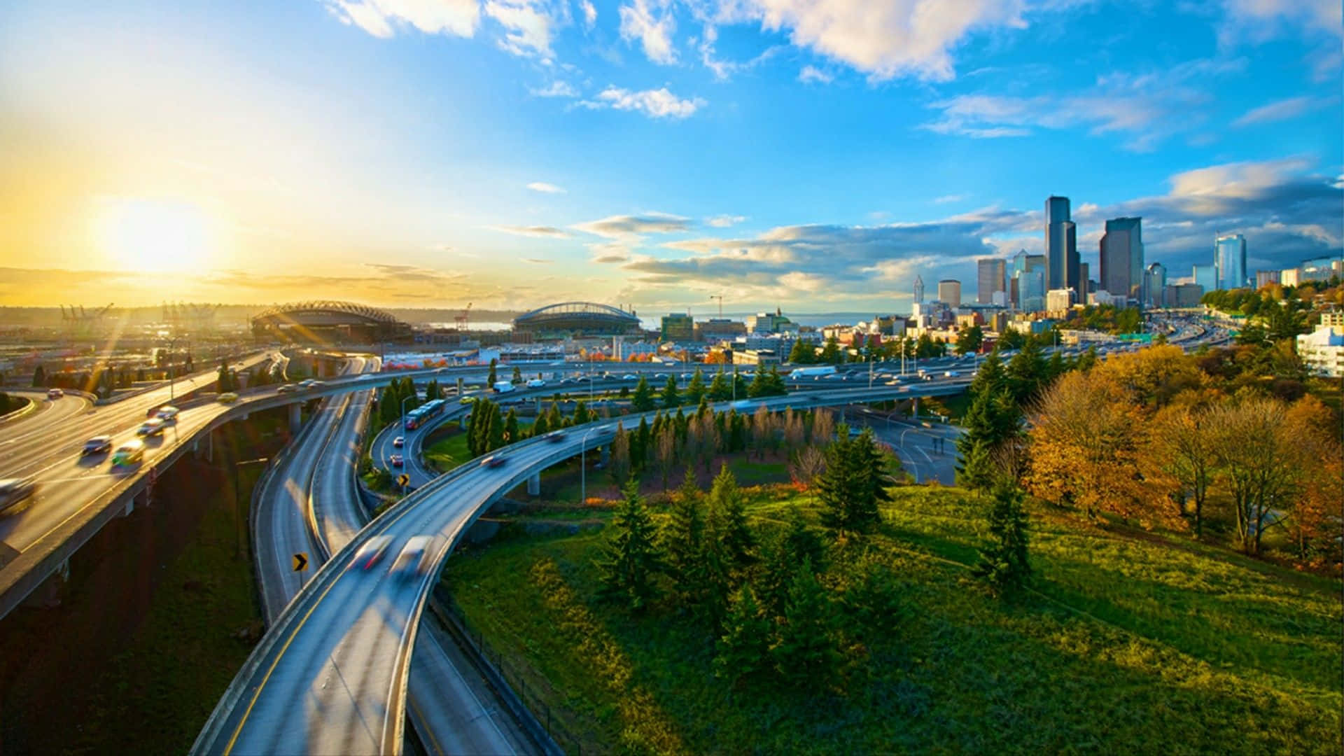 Seattle Washington, Sunset, urban highway network, Full HD Desktop Wallpaper