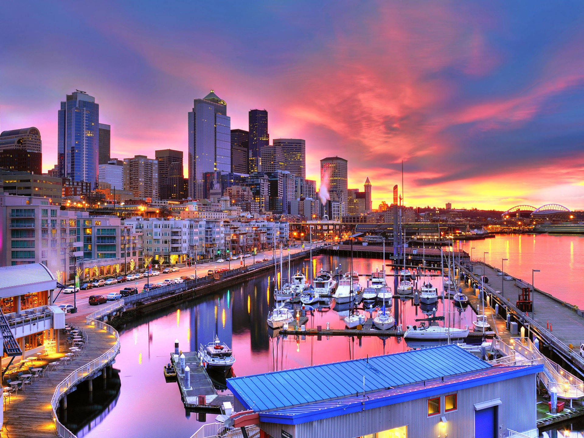 Seattle Washington, sunset, skyline, Full HD Desktop Wallpaper