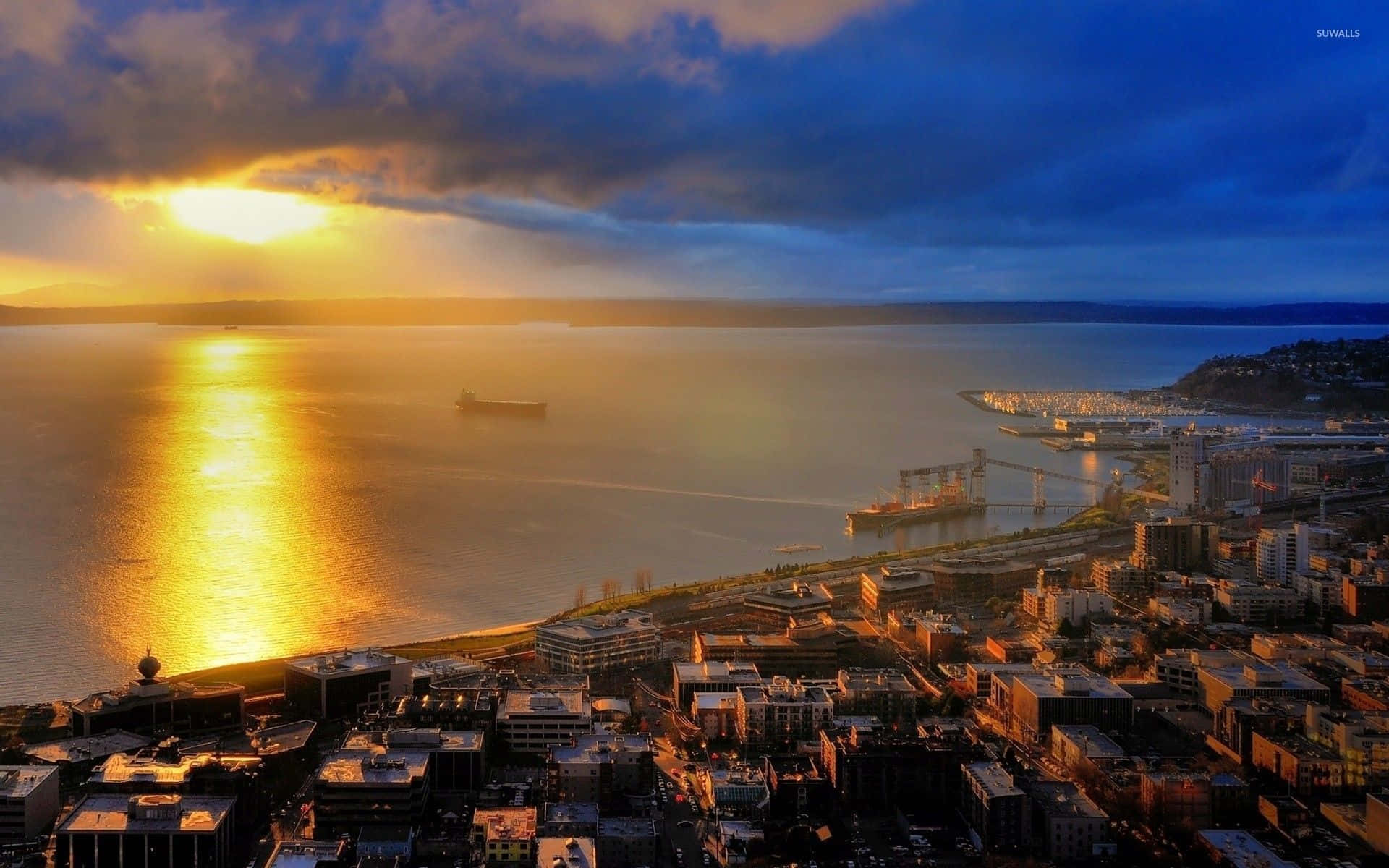 Seattle, Washington, Golden sunset, Full HD Desktop Wallpaper