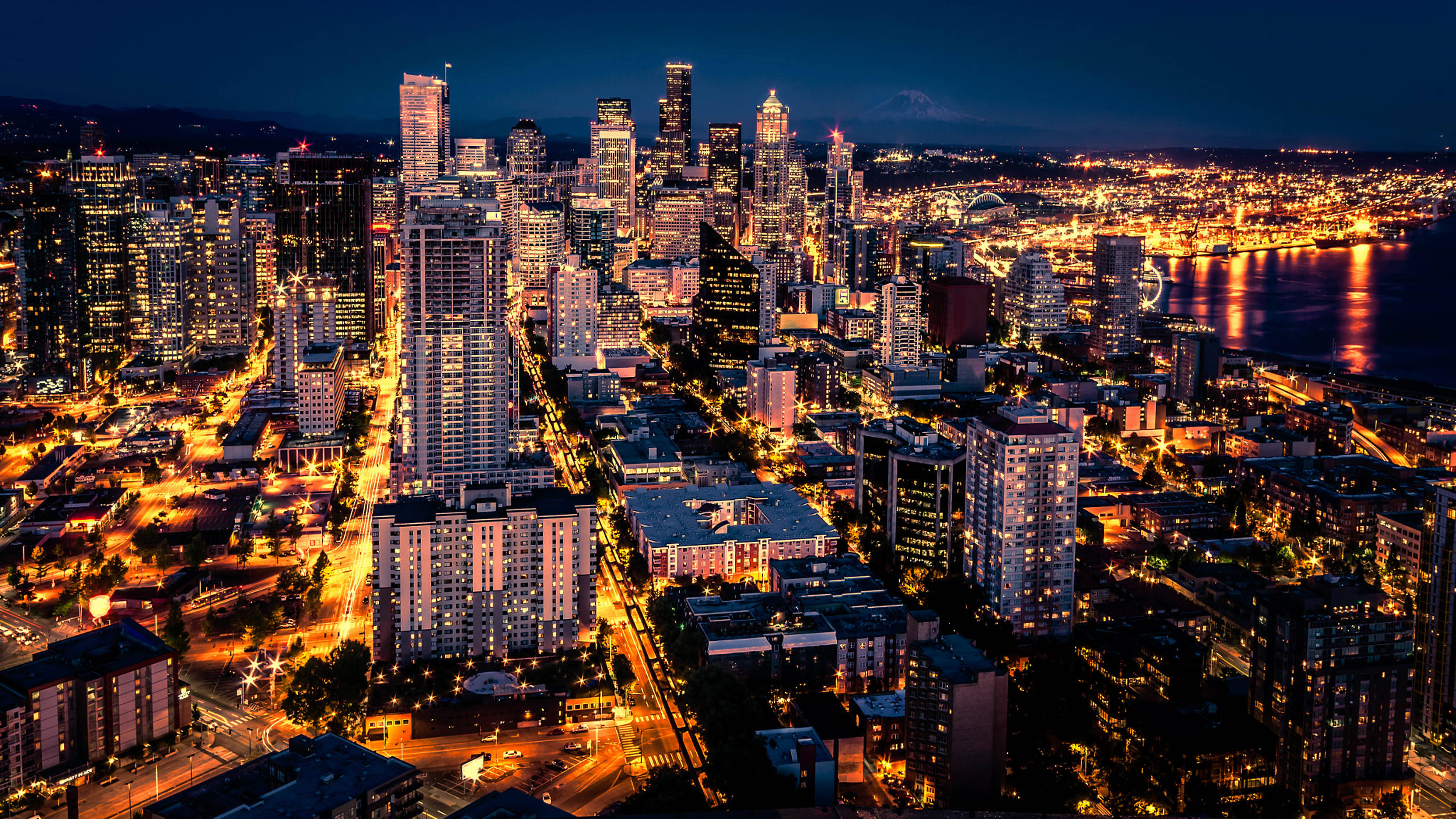 Seattle, Night, Skyline, 4K Desktop Wallpaper