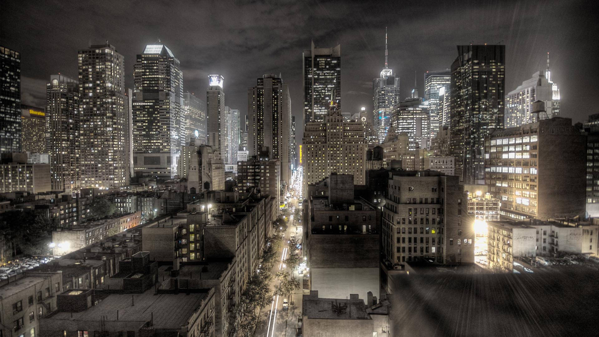 Seattle, Night, Greyscale, Full HD Desktop Wallpaper