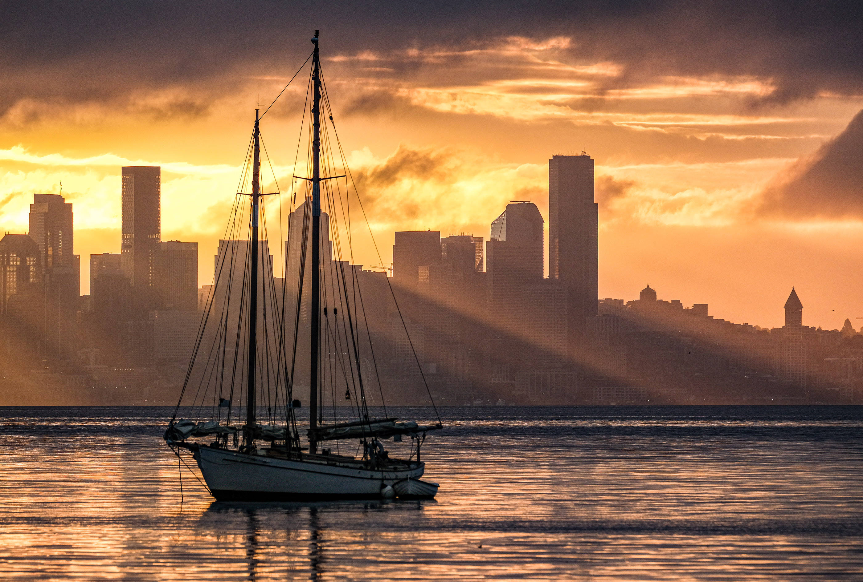 sailing boat, sunset, Seattle, 2K Desktop Wallpaper