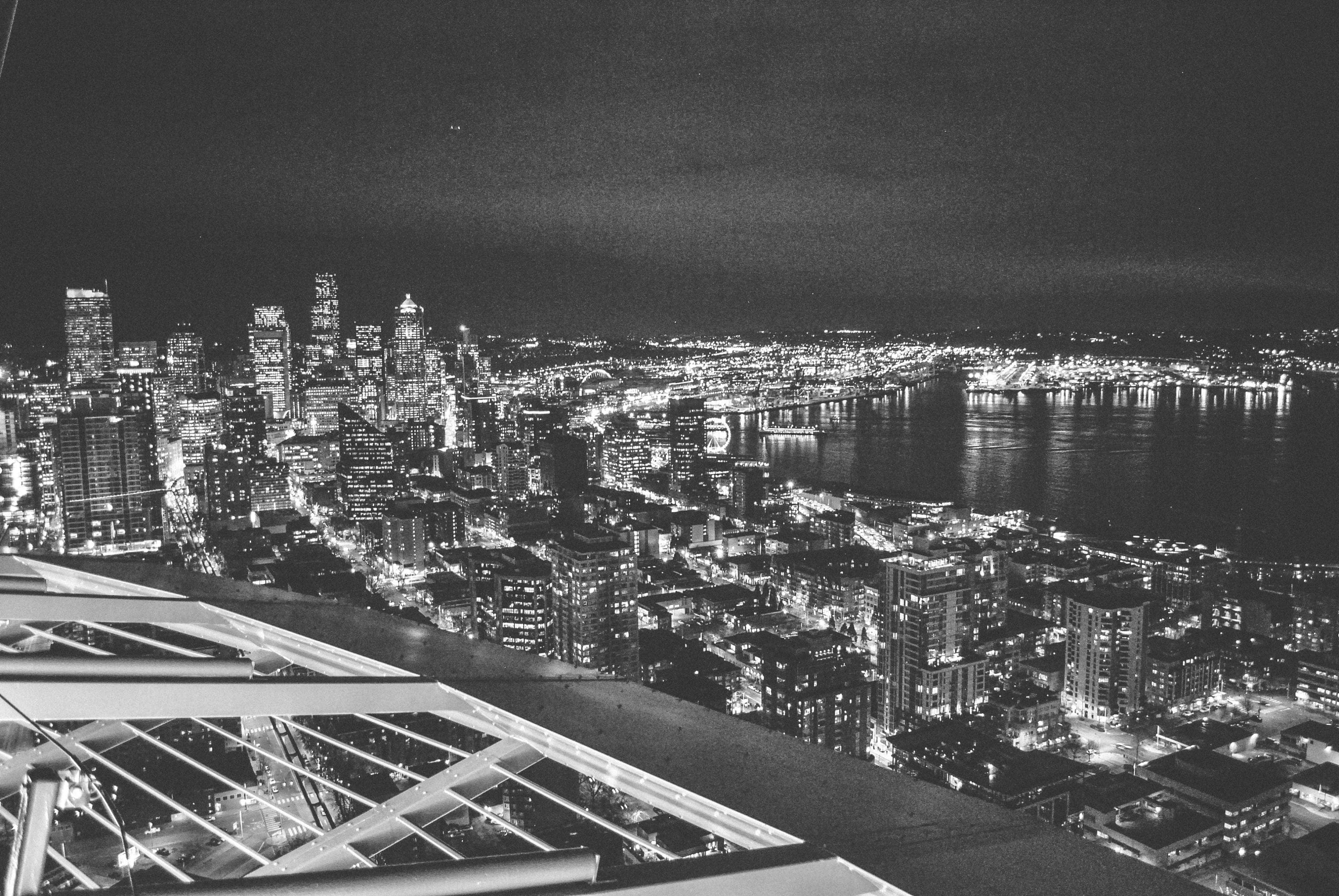 Seattle, black and white, nighttime aerial view, 4K Desktop Wallpaper
