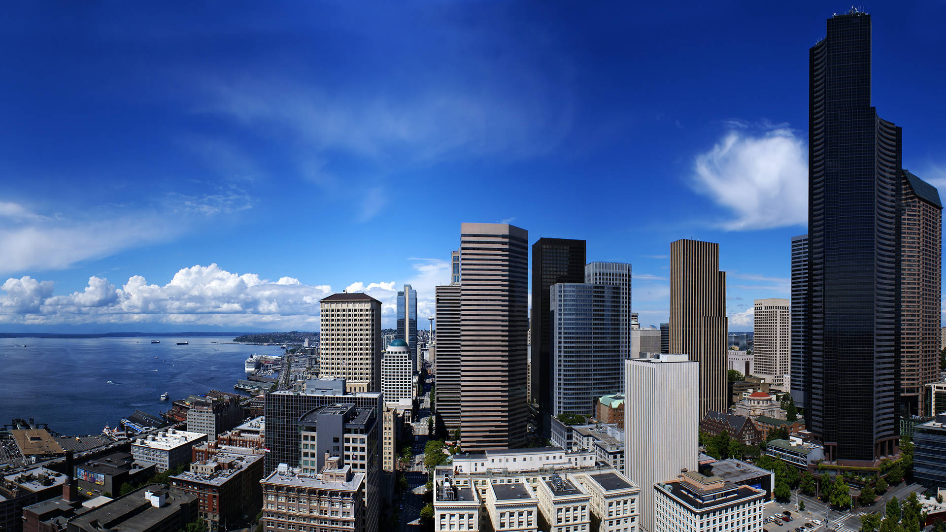 Seattle skyline, glass skyscrapers, waterfront, Full HD Desktop Wallpaper