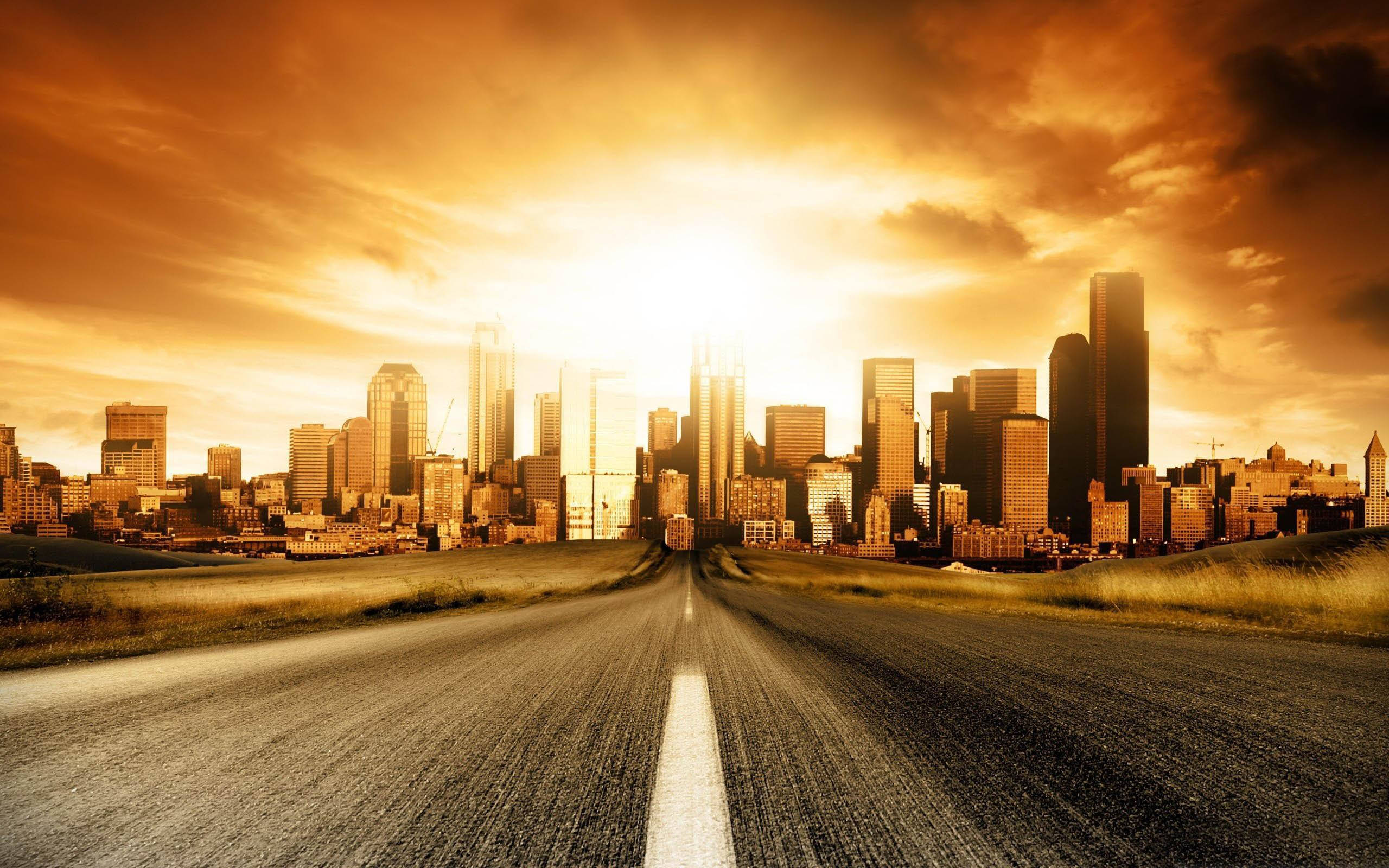 pastel brown sky, Seattle, glowing city skyline, 2K Desktop Wallpaper