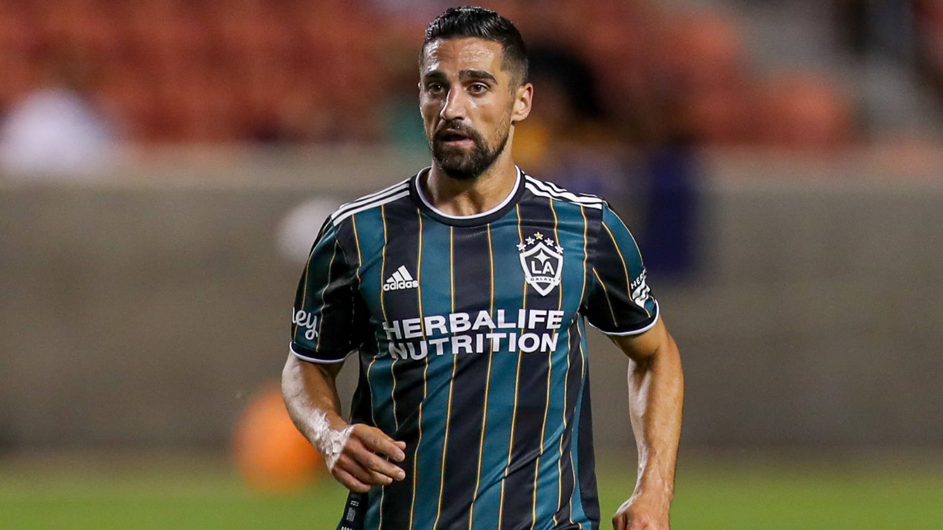 Sebastian Lletget, LA Galaxy, dark green and gold striped jersey, Full HD Desktop Wallpaper