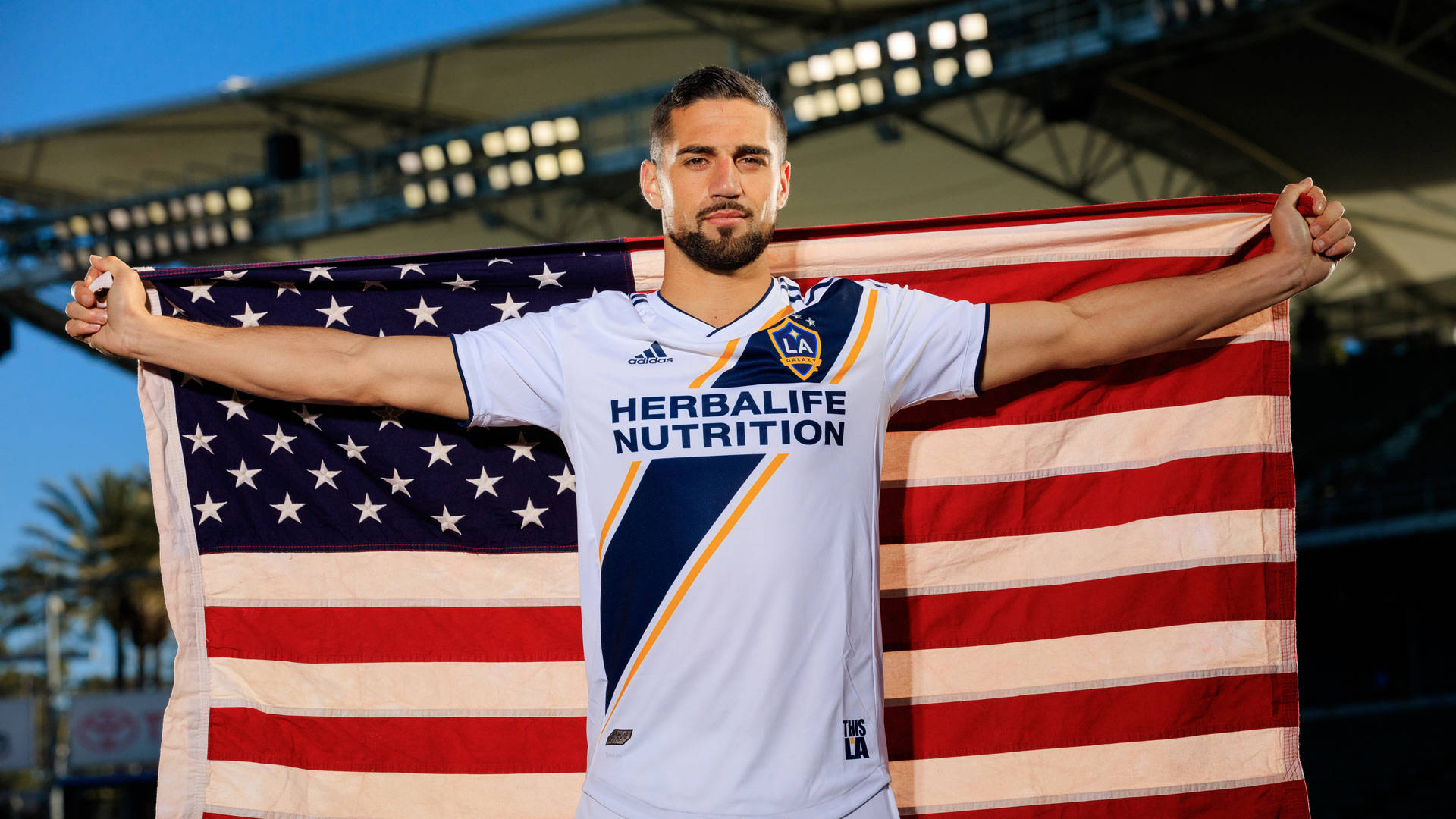 Sebastian Lletget, LA Galaxy, American flag, Full HD Desktop Wallpaper