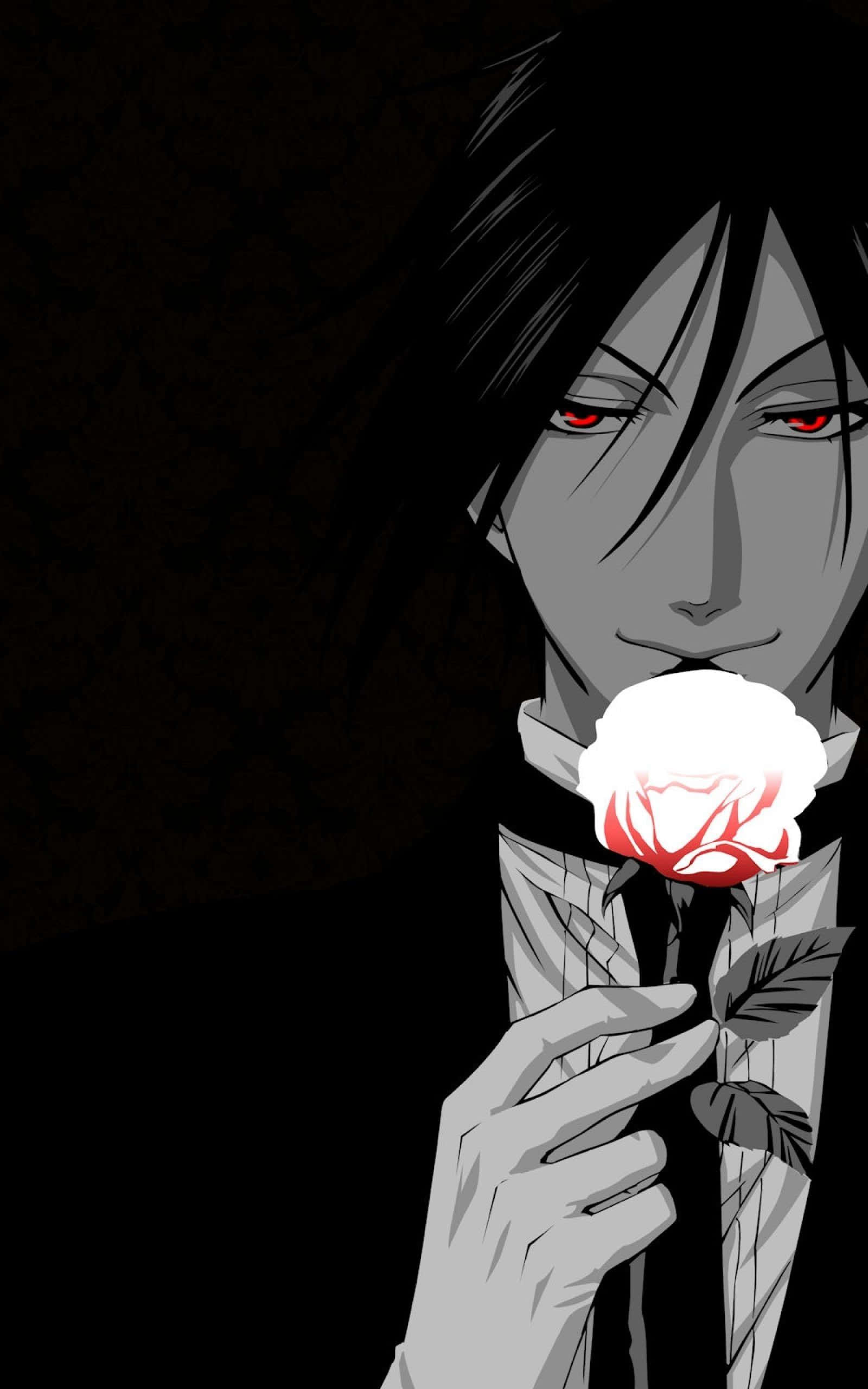 Sebastian Michaelis, red eyes, glowing white rose, 2K Phone Wallpaper