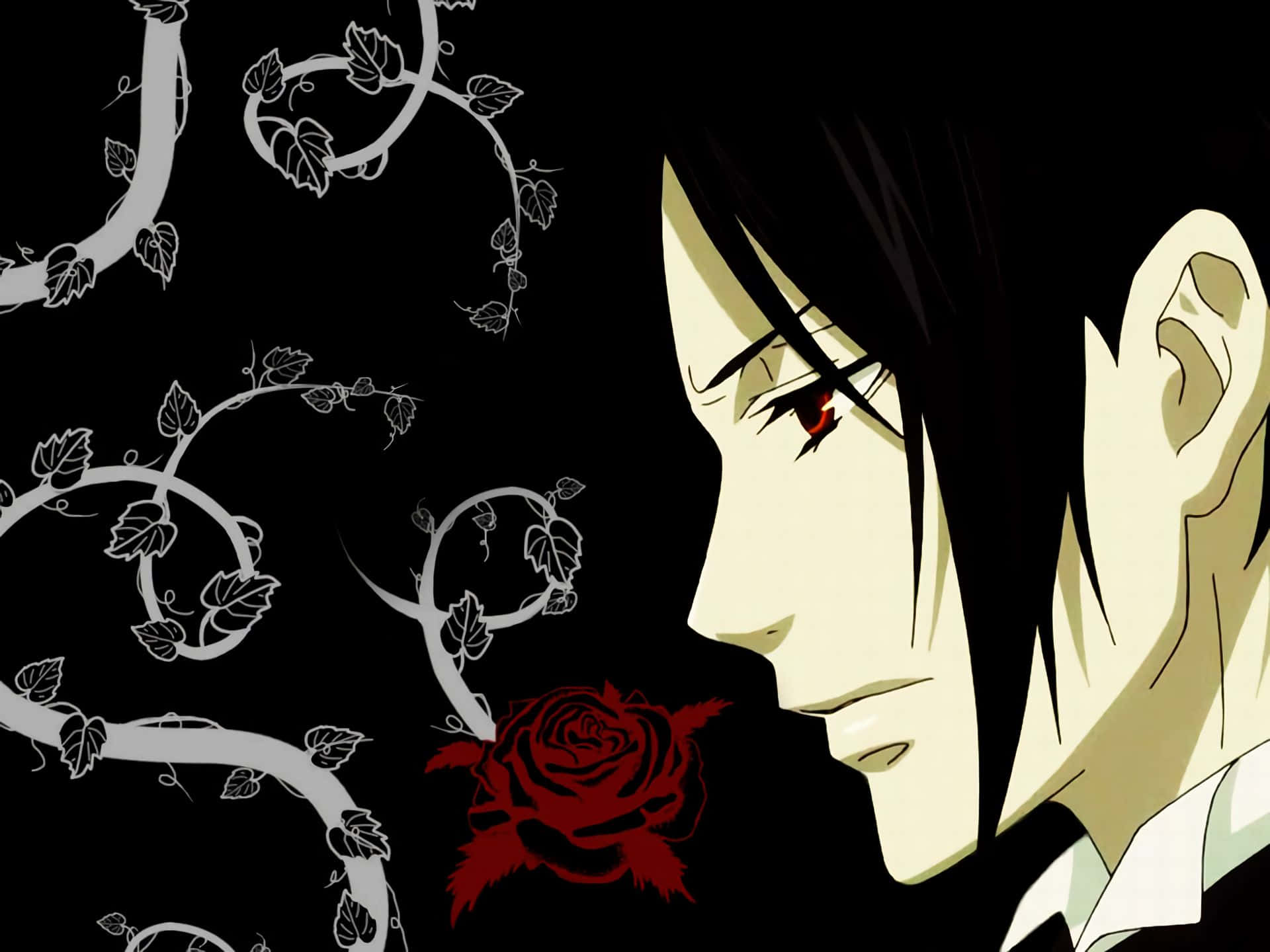Sebastian Michaelis, red eyes, red rose, Full HD Desktop Wallpaper