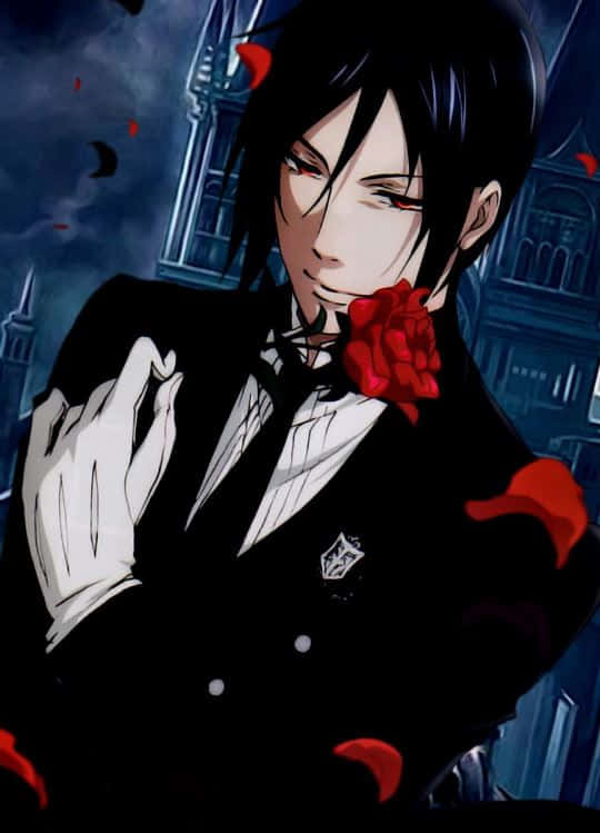 Sebastian Michaelis, black suit, red rose, SD Phone Wallpaper